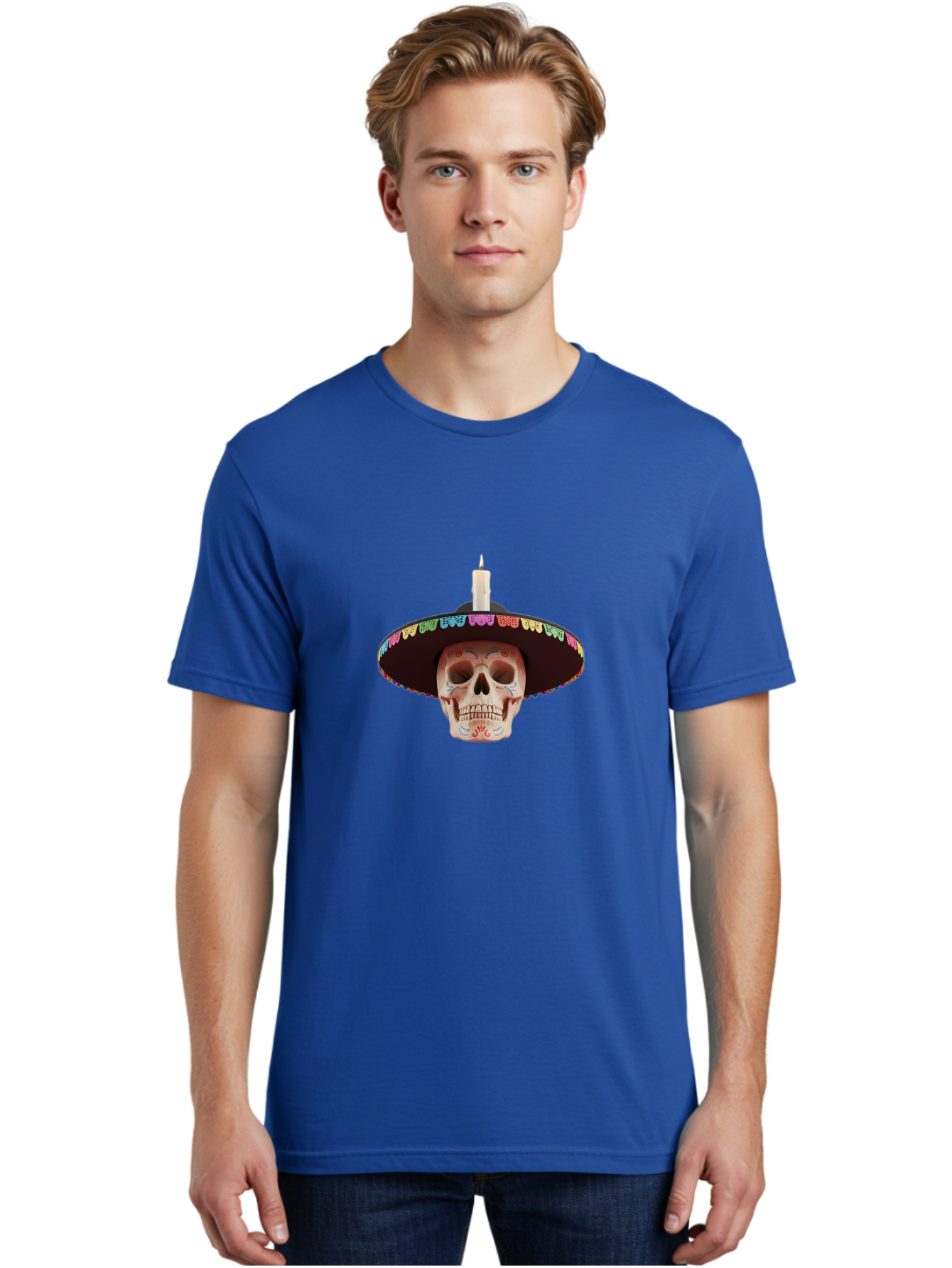 Sugar-Skull-10 Men'S Graphic Tee, 100% Cotton, Comfortable Casual Summer Wear, Machine Washable, Sugar Skull With Sombrero, Dia De Los Muertos, Colorful Decorations, Traditional Mexican Art, Vibrant Culture, Festive Spirit, Unique Design, Bad759