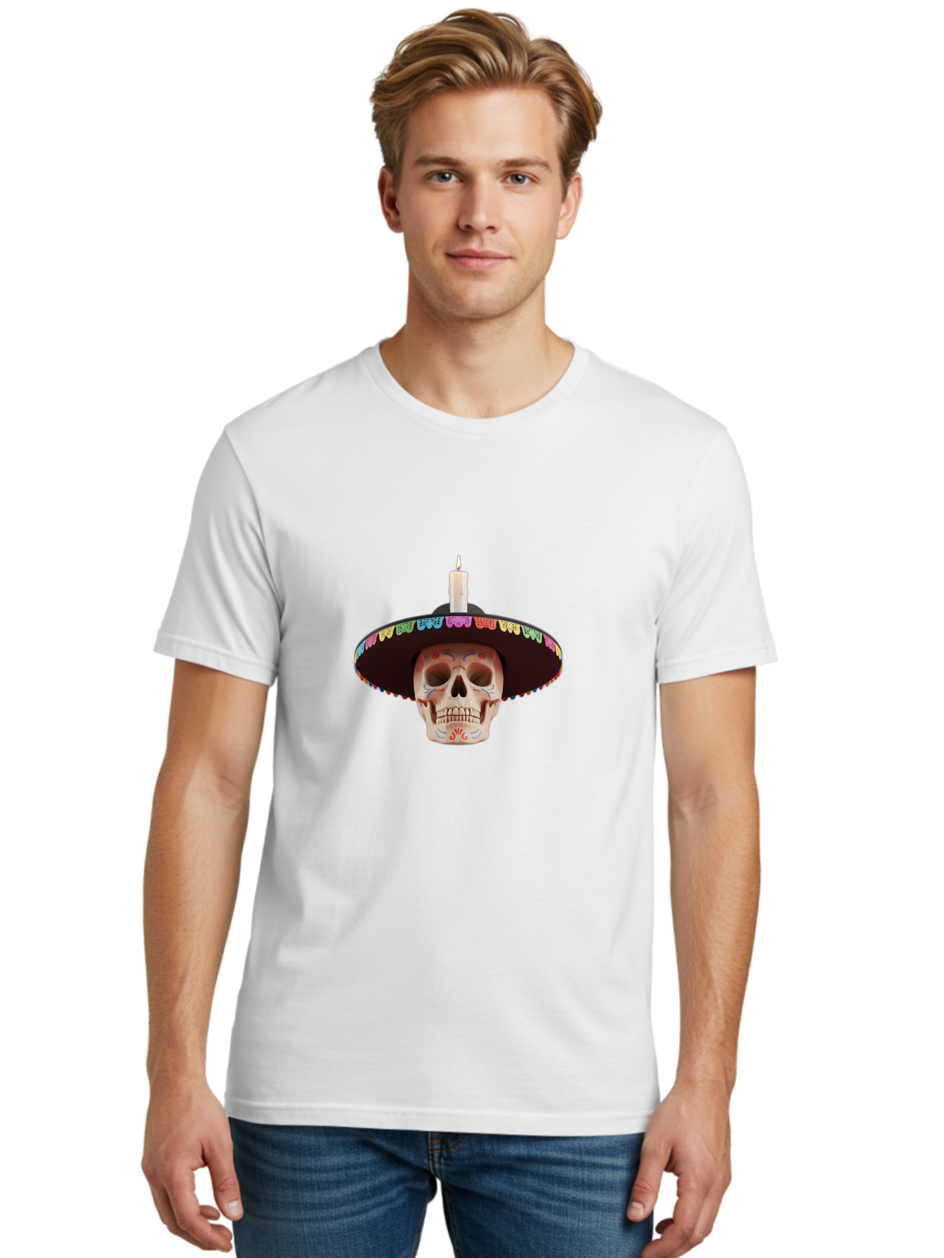 Sugar-Skull-10 Men'S Graphic Tee, 100% Cotton, Comfortable Casual Summer Wear, Machine Washable, Sugar Skull With Sombrero, Dia De Los Muertos, Colorful Decorations, Traditional Mexican Art, Vibrant Culture, Festive Spirit, Unique Design, Bad759