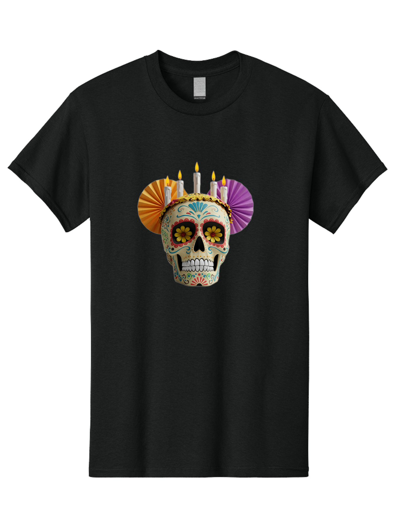Sugar-Skull-11 Men'S Graphic Tee, 100% Cotton, Comfortable Casual Summer Wear, Machine Washable, Sugar Skull, Day Of The Dead, Vibrant Colors, Festive Decorations, Candles Lit, Flowers In Eyes, Traditional Mexican Art, Cultural Celebration, Bad760