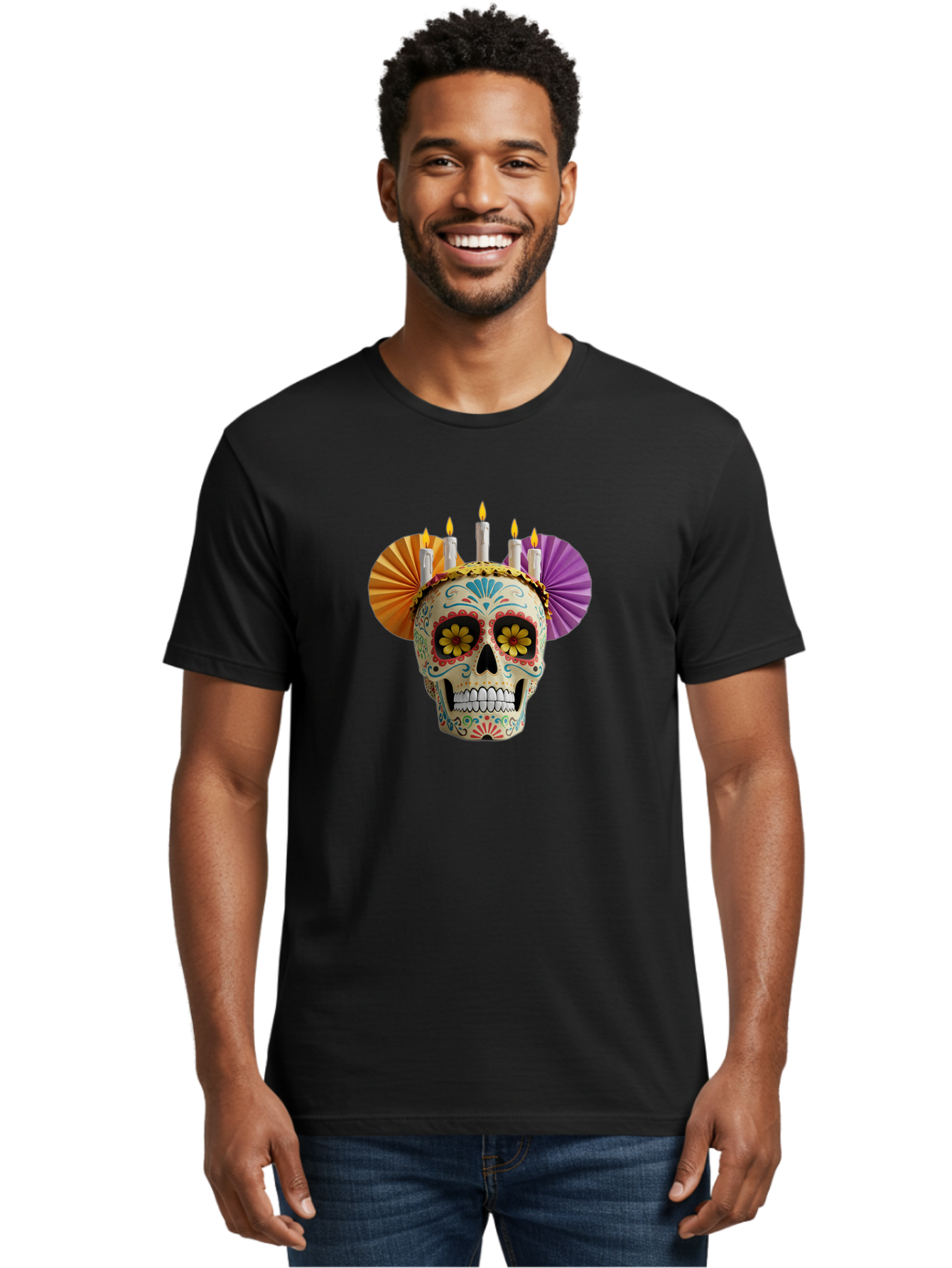 Sugar-Skull-11 Men'S Graphic Tee, 100% Cotton, Comfortable Casual Summer Wear, Machine Washable, Sugar Skull, Day Of The Dead, Vibrant Colors, Festive Decorations, Candles Lit, Flowers In Eyes, Traditional Mexican Art, Cultural Celebration, Bad760