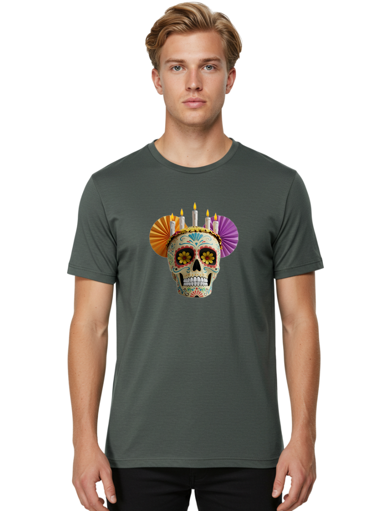 Sugar-Skull-11 Men'S Graphic Tee, 100% Cotton, Comfortable Casual Summer Wear, Machine Washable, Sugar Skull, Day Of The Dead, Vibrant Colors, Festive Decorations, Candles Lit, Flowers In Eyes, Traditional Mexican Art, Cultural Celebration, Bad760