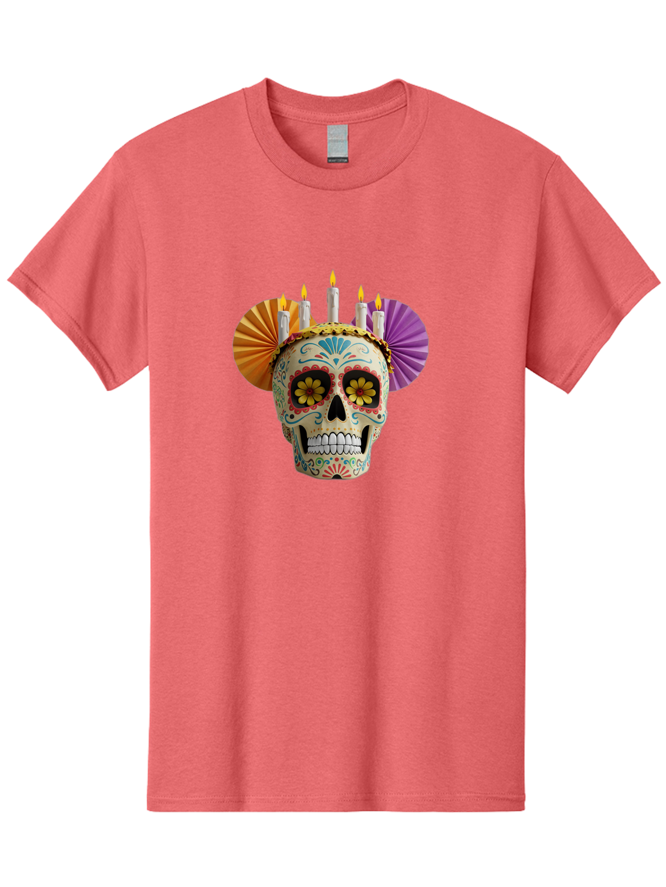 Sugar-Skull-11 Men'S Graphic Tee, 100% Cotton, Comfortable Casual Summer Wear, Machine Washable, Sugar Skull, Day Of The Dead, Vibrant Colors, Festive Decorations, Candles Lit, Flowers In Eyes, Traditional Mexican Art, Cultural Celebration, Bad760