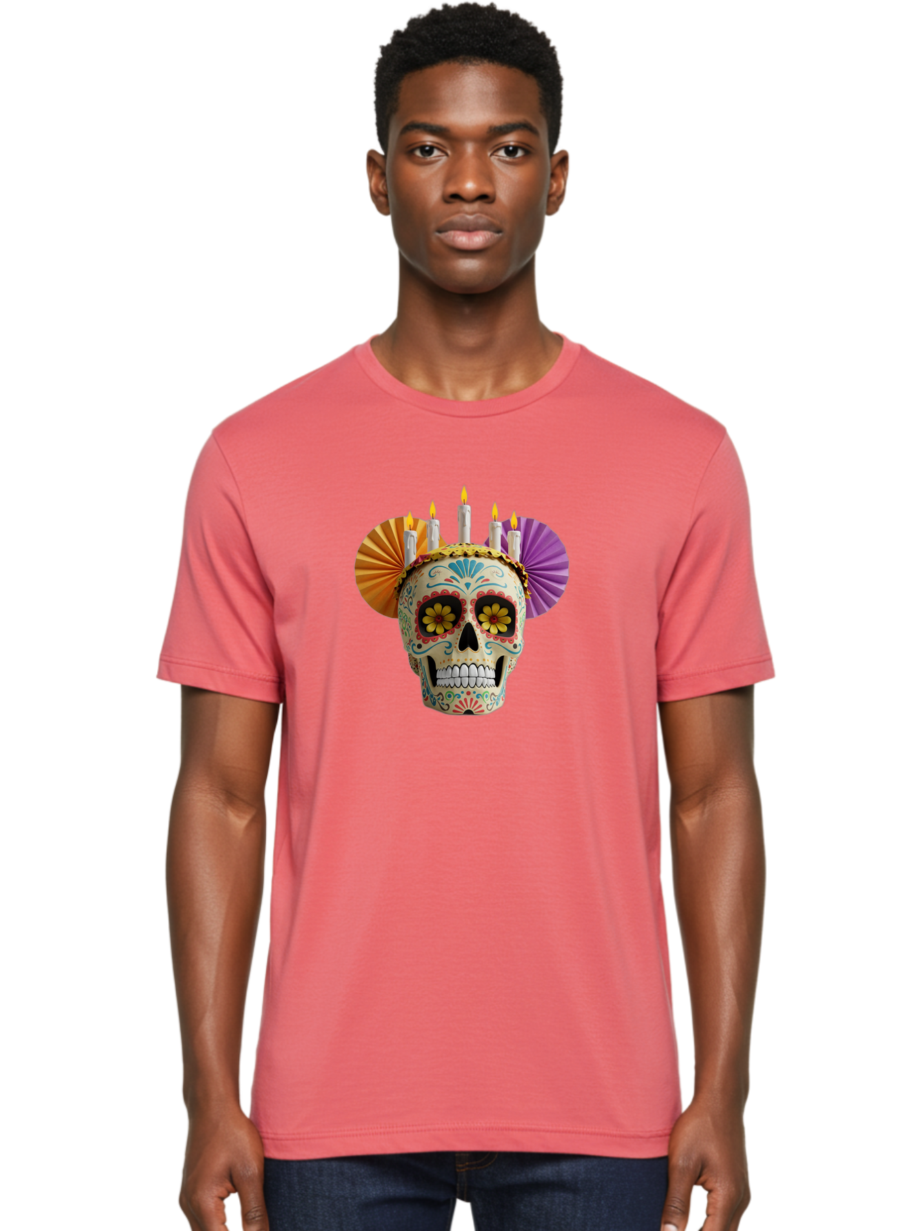 Sugar-Skull-11 Men'S Graphic Tee, 100% Cotton, Comfortable Casual Summer Wear, Machine Washable, Sugar Skull, Day Of The Dead, Vibrant Colors, Festive Decorations, Candles Lit, Flowers In Eyes, Traditional Mexican Art, Cultural Celebration, Bad760