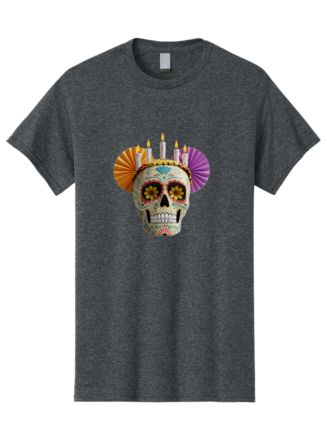 Sugar-Skull-11 Men'S Graphic Tee, 100% Cotton, Comfortable Casual Summer Wear, Machine Washable, Sugar Skull, Day Of The Dead, Vibrant Colors, Festive Decorations, Candles Lit, Flowers In Eyes, Traditional Mexican Art, Cultural Celebration, Bad760