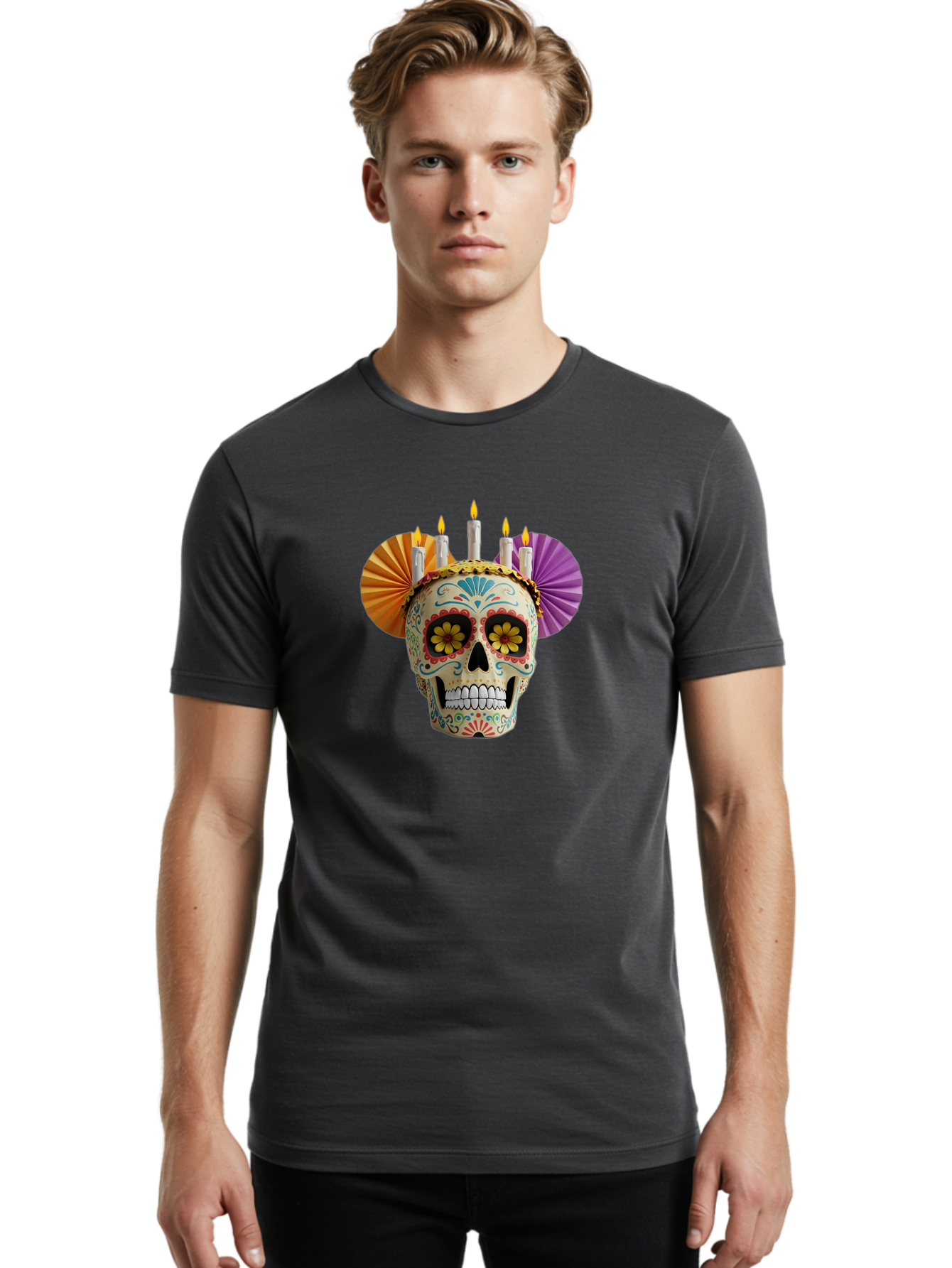 Sugar-Skull-11 Men'S Graphic Tee, 100% Cotton, Comfortable Casual Summer Wear, Machine Washable, Sugar Skull, Day Of The Dead, Vibrant Colors, Festive Decorations, Candles Lit, Flowers In Eyes, Traditional Mexican Art, Cultural Celebration, Bad760