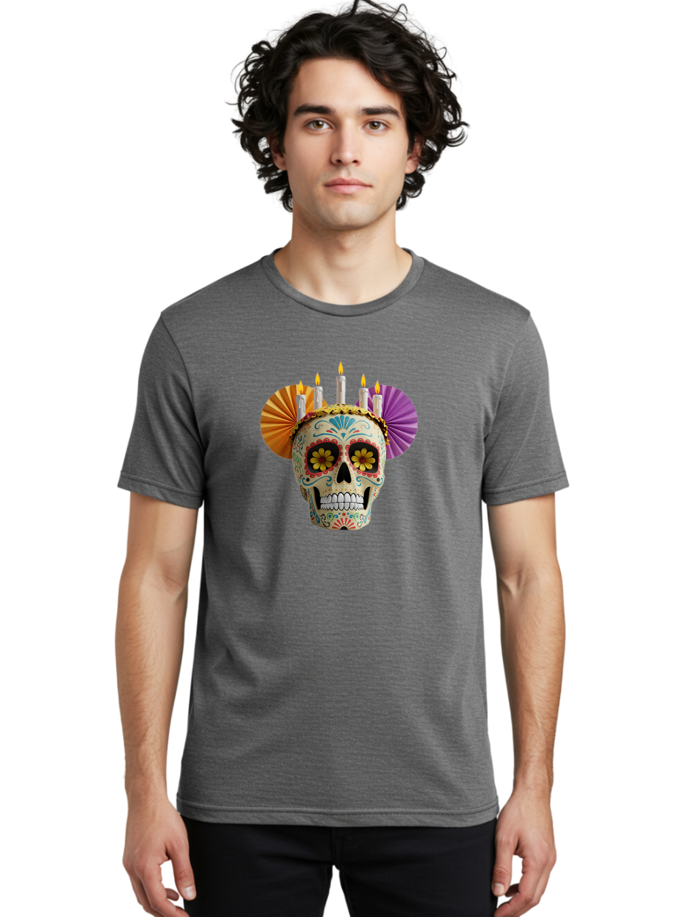 Sugar-Skull-11 Men'S Graphic Tee, 100% Cotton, Comfortable Casual Summer Wear, Machine Washable, Sugar Skull, Day Of The Dead, Vibrant Colors, Festive Decorations, Candles Lit, Flowers In Eyes, Traditional Mexican Art, Cultural Celebration, Bad760