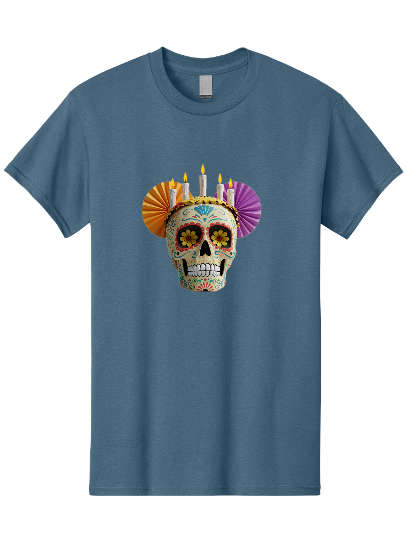 Sugar-Skull-11 Men'S Graphic Tee, 100% Cotton, Comfortable Casual Summer Wear, Machine Washable, Sugar Skull, Day Of The Dead, Vibrant Colors, Festive Decorations, Candles Lit, Flowers In Eyes, Traditional Mexican Art, Cultural Celebration, Bad760
