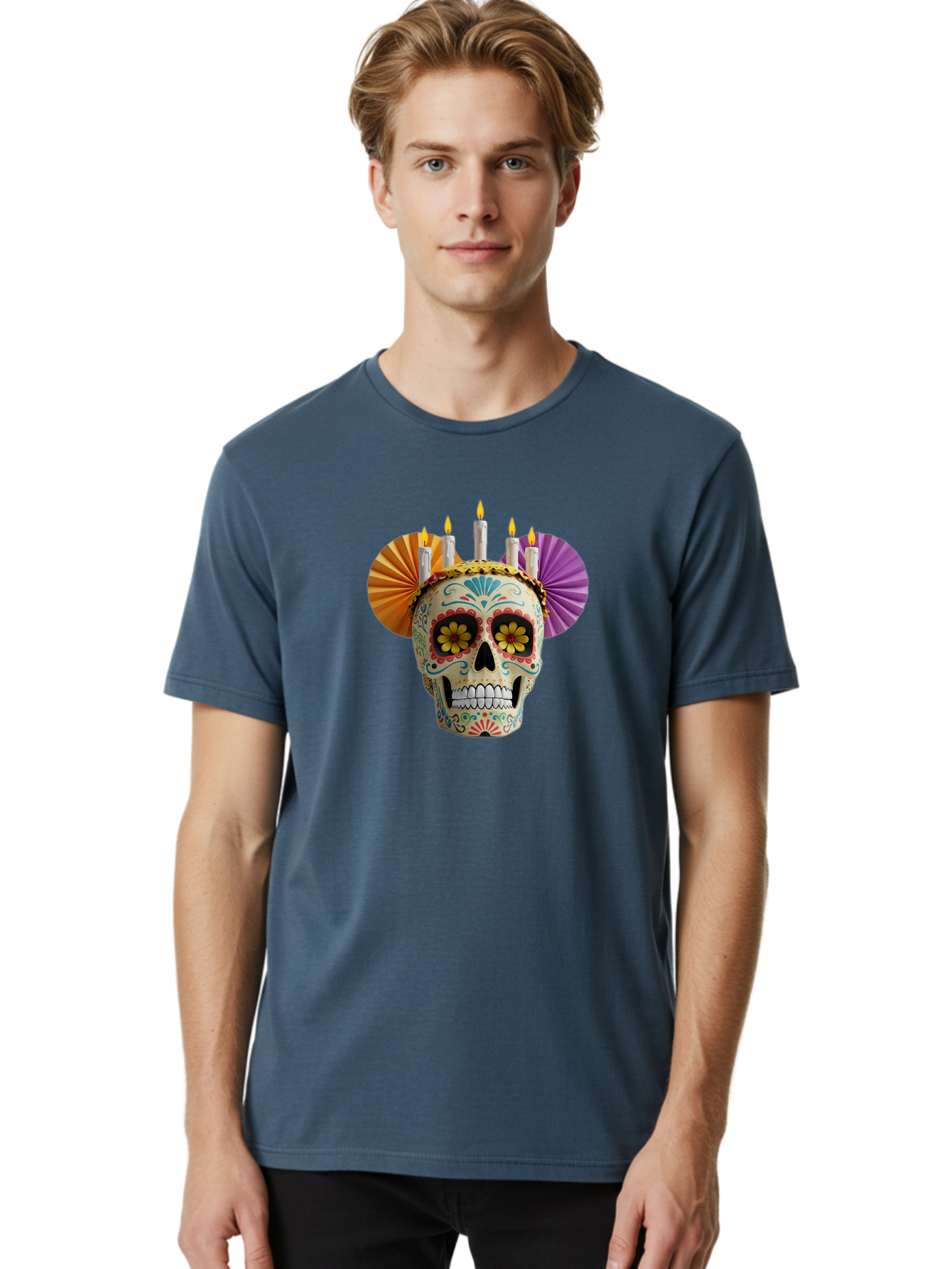 Sugar-Skull-11 Men'S Graphic Tee, 100% Cotton, Comfortable Casual Summer Wear, Machine Washable, Sugar Skull, Day Of The Dead, Vibrant Colors, Festive Decorations, Candles Lit, Flowers In Eyes, Traditional Mexican Art, Cultural Celebration, Bad760