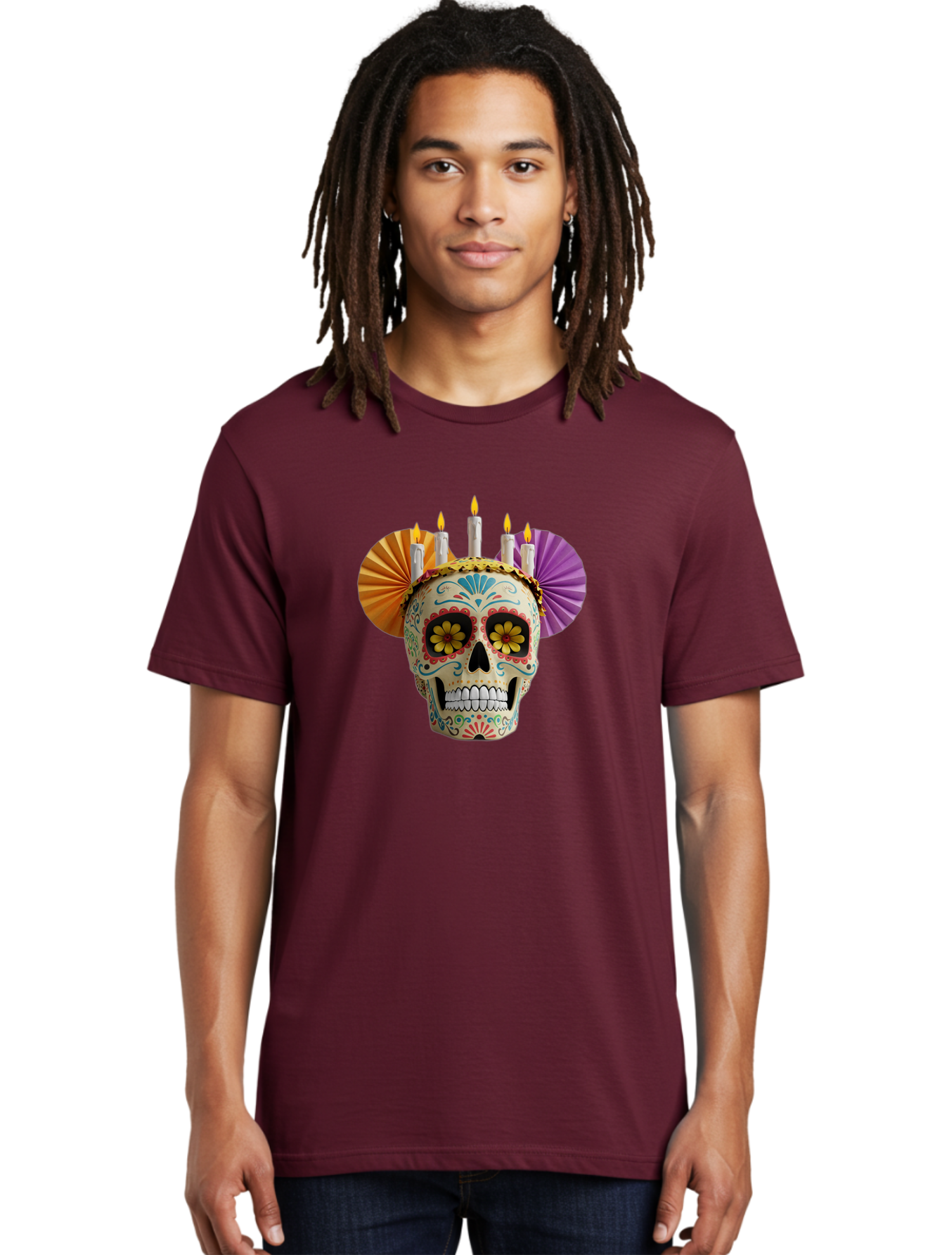 Sugar-Skull-11 Men'S Graphic Tee, 100% Cotton, Comfortable Casual Summer Wear, Machine Washable, Sugar Skull, Day Of The Dead, Vibrant Colors, Festive Decorations, Candles Lit, Flowers In Eyes, Traditional Mexican Art, Cultural Celebration, Bad760