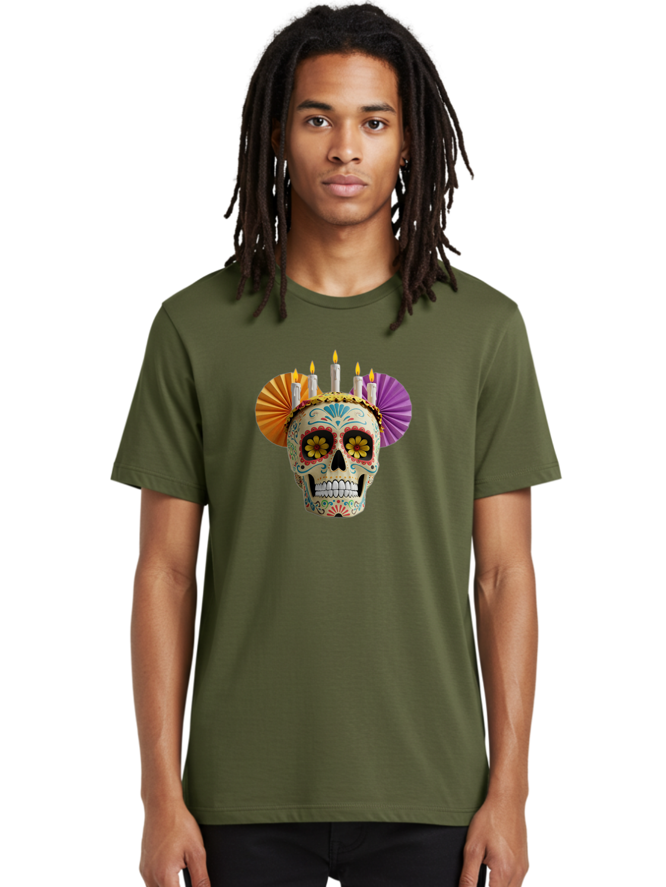 Sugar-Skull-11 Men'S Graphic Tee, 100% Cotton, Comfortable Casual Summer Wear, Machine Washable, Sugar Skull, Day Of The Dead, Vibrant Colors, Festive Decorations, Candles Lit, Flowers In Eyes, Traditional Mexican Art, Cultural Celebration, Bad760