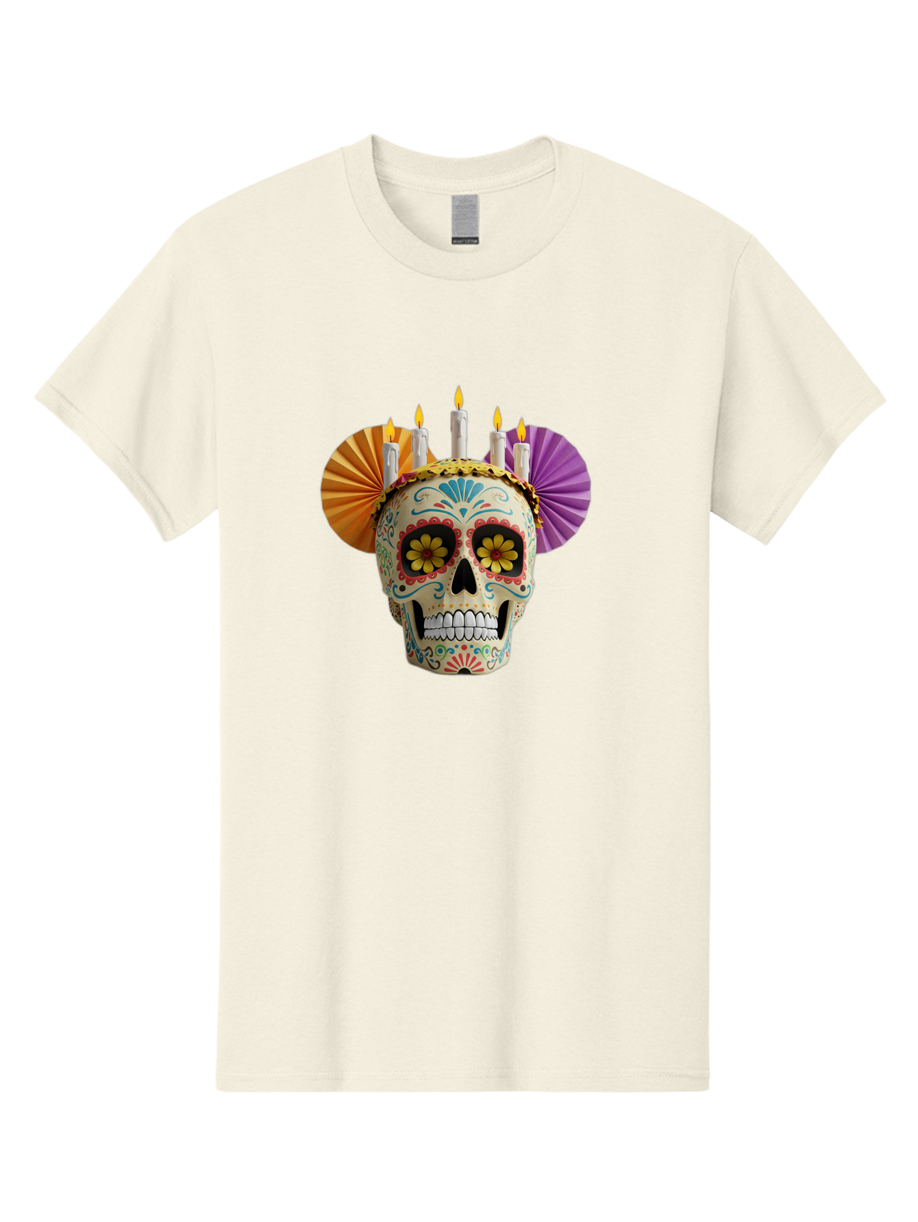 Sugar-Skull-11 Men'S Graphic Tee, 100% Cotton, Comfortable Casual Summer Wear, Machine Washable, Sugar Skull, Day Of The Dead, Vibrant Colors, Festive Decorations, Candles Lit, Flowers In Eyes, Traditional Mexican Art, Cultural Celebration, Bad760