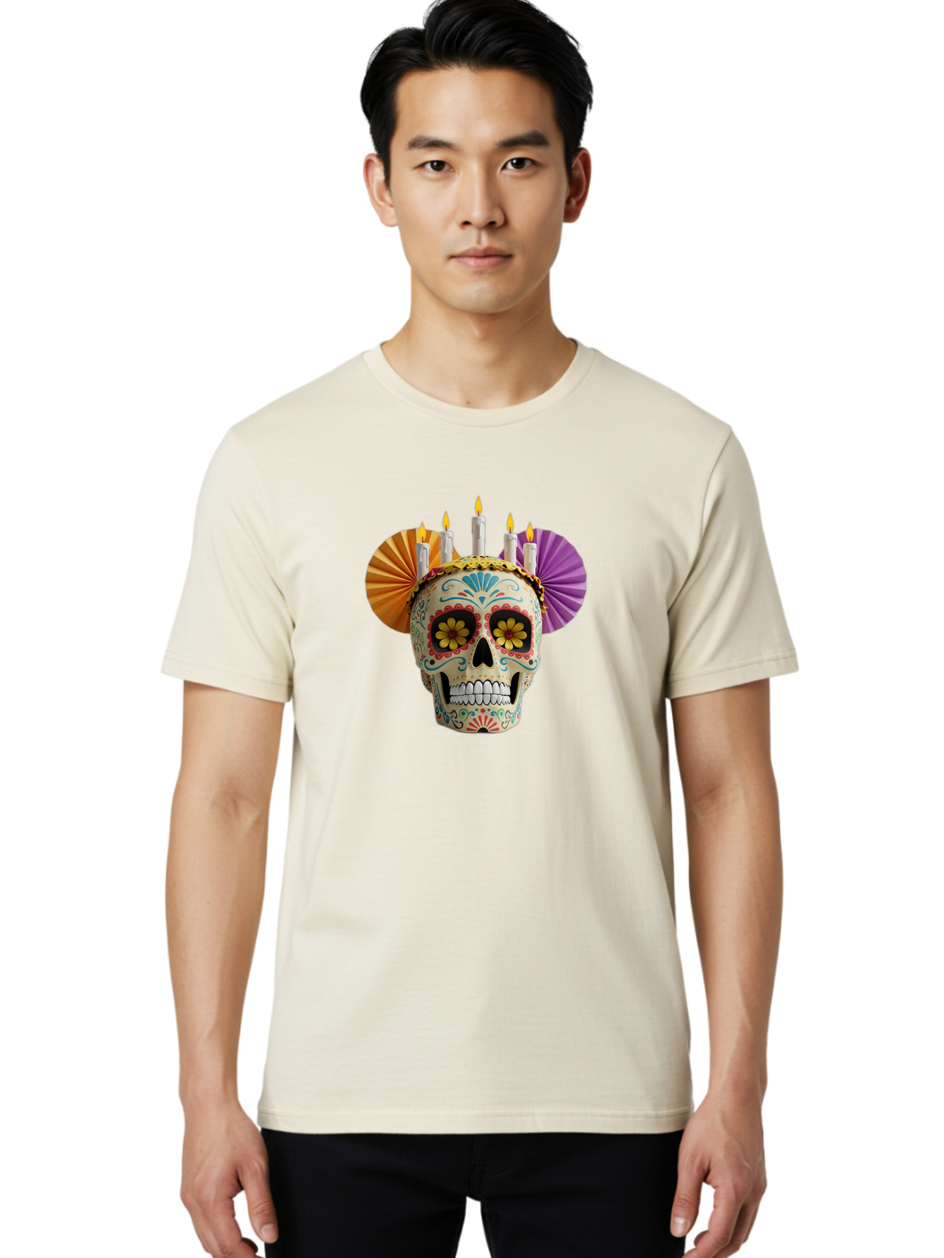 Sugar-Skull-11 Men'S Graphic Tee, 100% Cotton, Comfortable Casual Summer Wear, Machine Washable, Sugar Skull, Day Of The Dead, Vibrant Colors, Festive Decorations, Candles Lit, Flowers In Eyes, Traditional Mexican Art, Cultural Celebration, Bad760