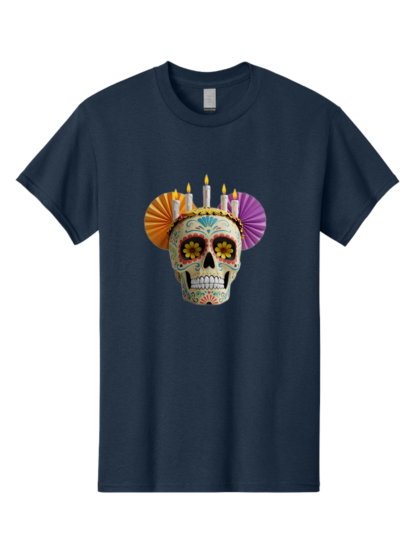 Sugar-Skull-11 Men'S Graphic Tee, 100% Cotton, Comfortable Casual Summer Wear, Machine Washable, Sugar Skull, Day Of The Dead, Vibrant Colors, Festive Decorations, Candles Lit, Flowers In Eyes, Traditional Mexican Art, Cultural Celebration, Bad760