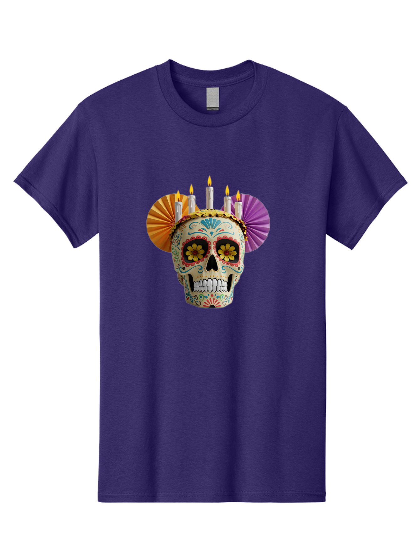 Sugar-Skull-11 Men'S Graphic Tee, 100% Cotton, Comfortable Casual Summer Wear, Machine Washable, Sugar Skull, Day Of The Dead, Vibrant Colors, Festive Decorations, Candles Lit, Flowers In Eyes, Traditional Mexican Art, Cultural Celebration, Bad760