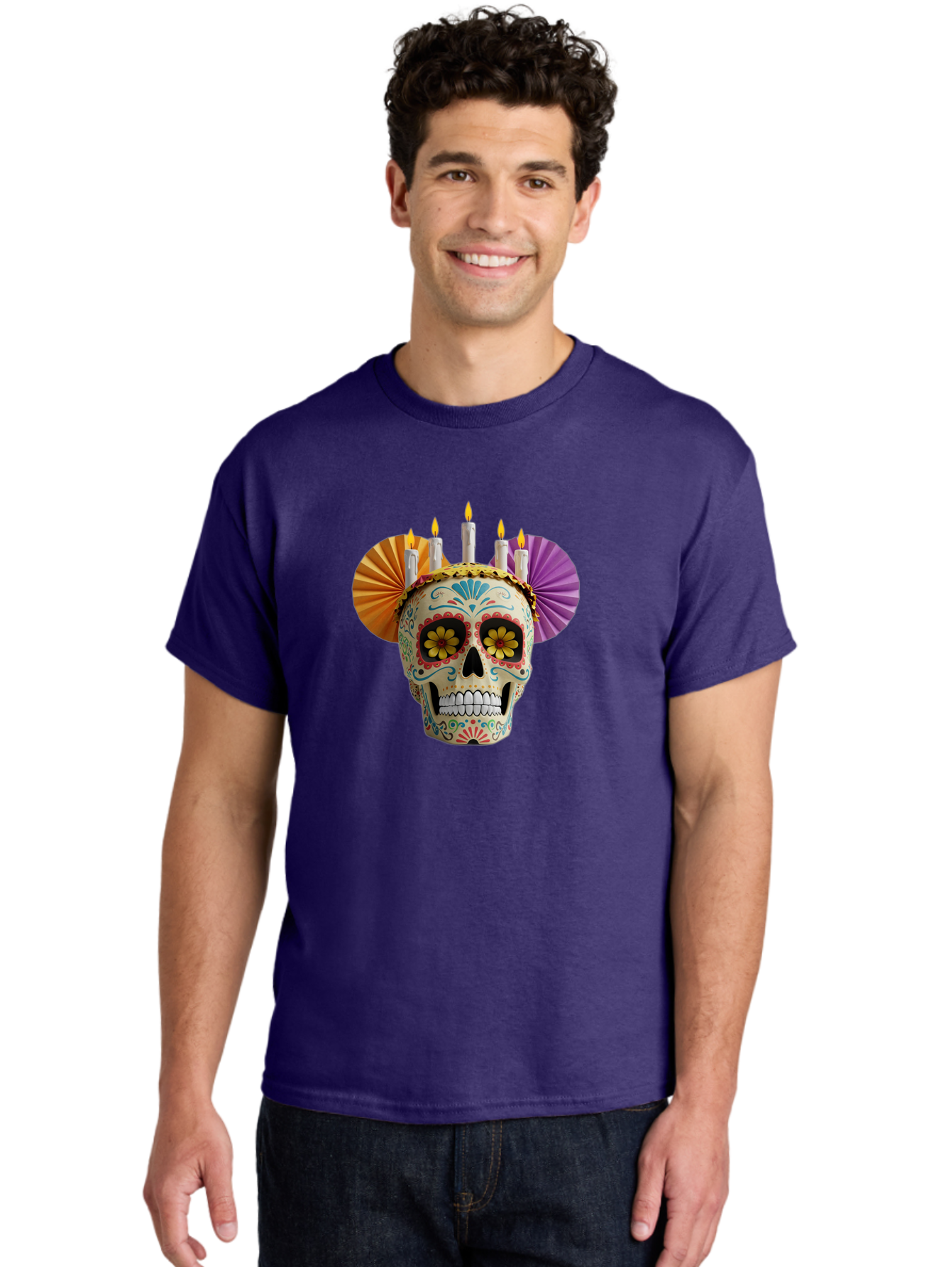 Sugar-Skull-11 Men'S Graphic Tee, 100% Cotton, Comfortable Casual Summer Wear, Machine Washable, Sugar Skull, Day Of The Dead, Vibrant Colors, Festive Decorations, Candles Lit, Flowers In Eyes, Traditional Mexican Art, Cultural Celebration, Bad760