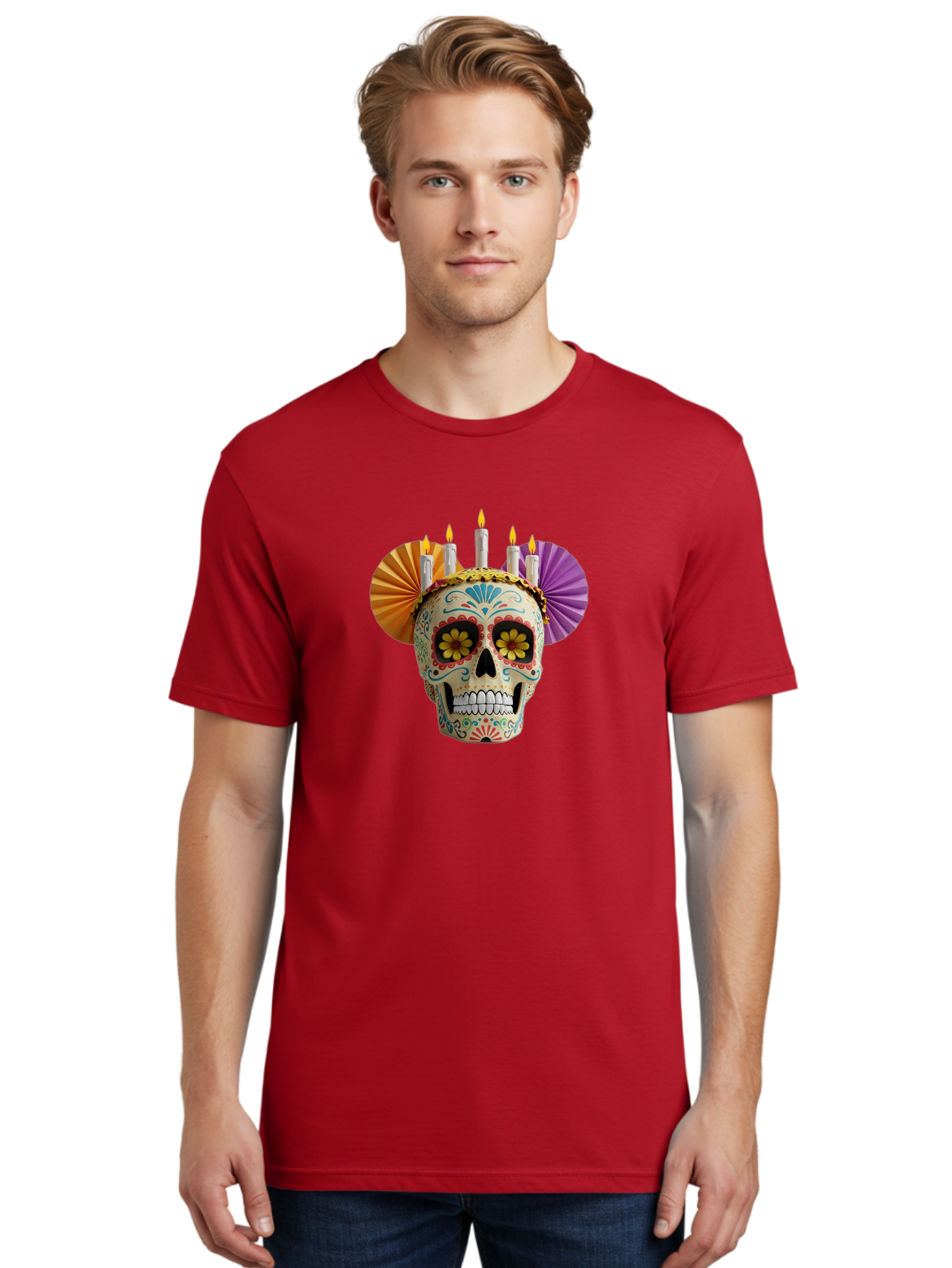 Sugar-Skull-11 Men'S Graphic Tee, 100% Cotton, Comfortable Casual Summer Wear, Machine Washable, Sugar Skull, Day Of The Dead, Vibrant Colors, Festive Decorations, Candles Lit, Flowers In Eyes, Traditional Mexican Art, Cultural Celebration, Bad760