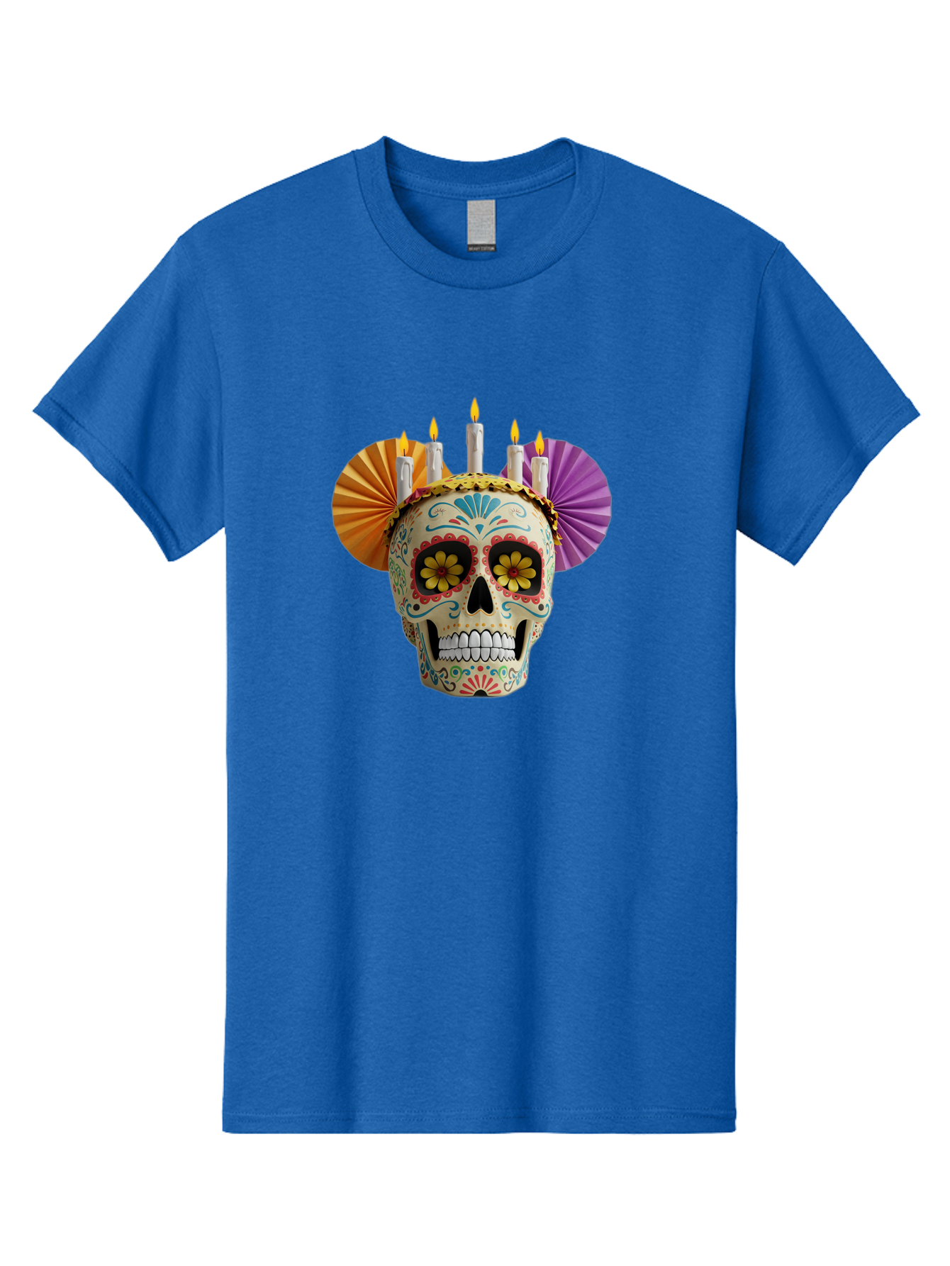 Sugar-Skull-11 Men'S Graphic Tee, 100% Cotton, Comfortable Casual Summer Wear, Machine Washable, Sugar Skull, Day Of The Dead, Vibrant Colors, Festive Decorations, Candles Lit, Flowers In Eyes, Traditional Mexican Art, Cultural Celebration, Bad760