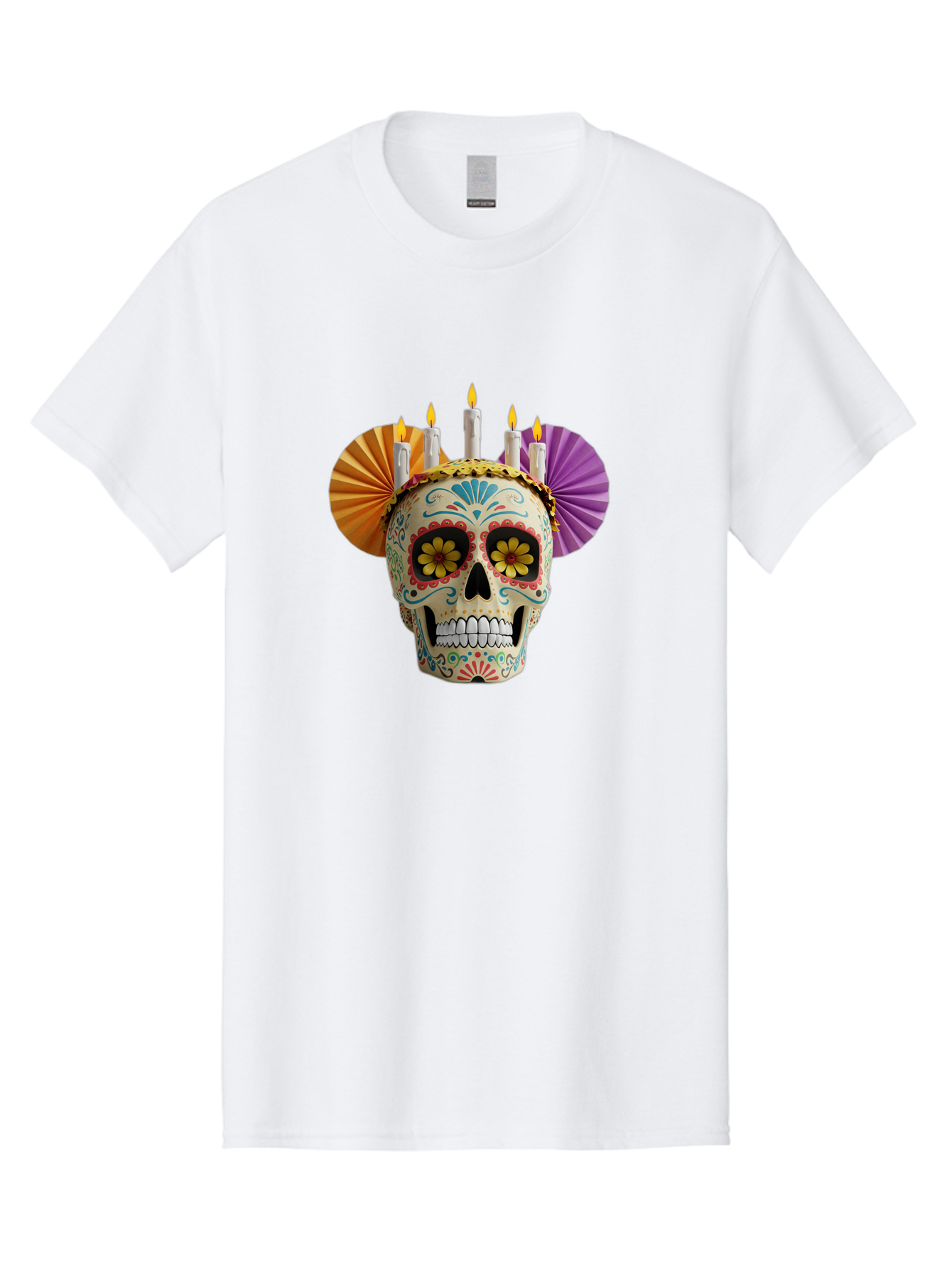 Sugar-Skull-11 Men'S Graphic Tee, 100% Cotton, Comfortable Casual Summer Wear, Machine Washable, Sugar Skull, Day Of The Dead, Vibrant Colors, Festive Decorations, Candles Lit, Flowers In Eyes, Traditional Mexican Art, Cultural Celebration, Bad760