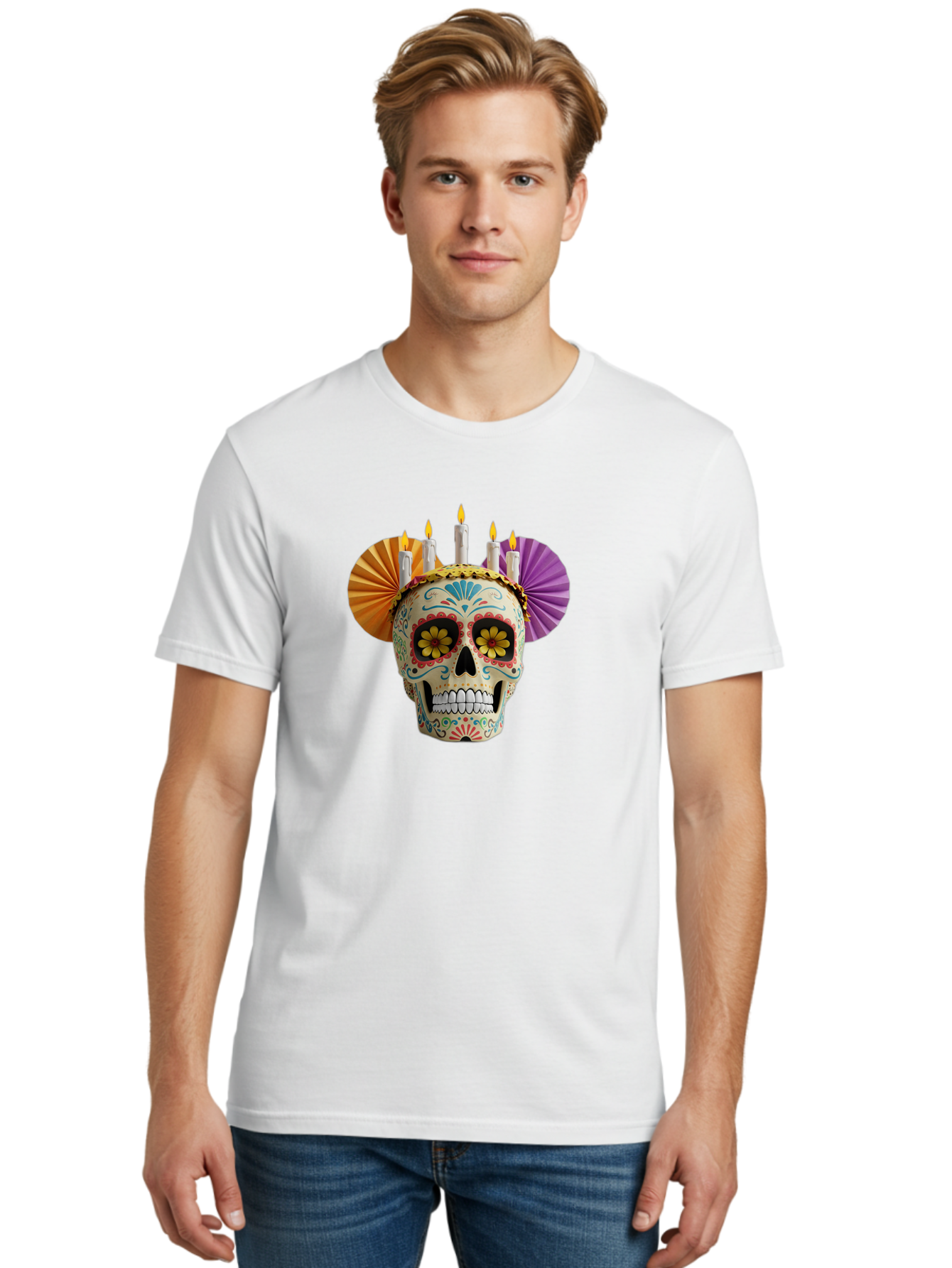 Sugar-Skull-11 Men'S Graphic Tee, 100% Cotton, Comfortable Casual Summer Wear, Machine Washable, Sugar Skull, Day Of The Dead, Vibrant Colors, Festive Decorations, Candles Lit, Flowers In Eyes, Traditional Mexican Art, Cultural Celebration, Bad760