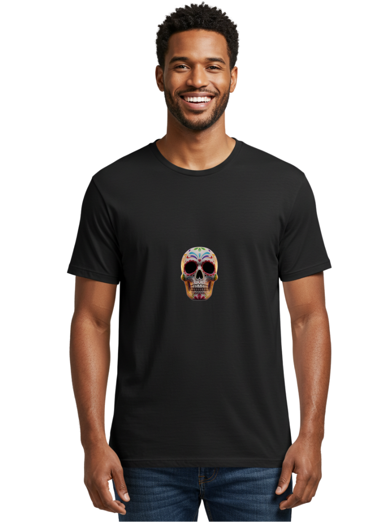 Sugar-Skull-12 Men'S Graphic Tee, 100% Cotton, Comfortable Casual Summer Wear, Machine Washable, Sugar Skull, Day Of The Dead, Dia De Los Muertos, Vibrant Colors, Decorative Skull, Mexican Culture, Skull Decoration, Colorful Patterns Bad761