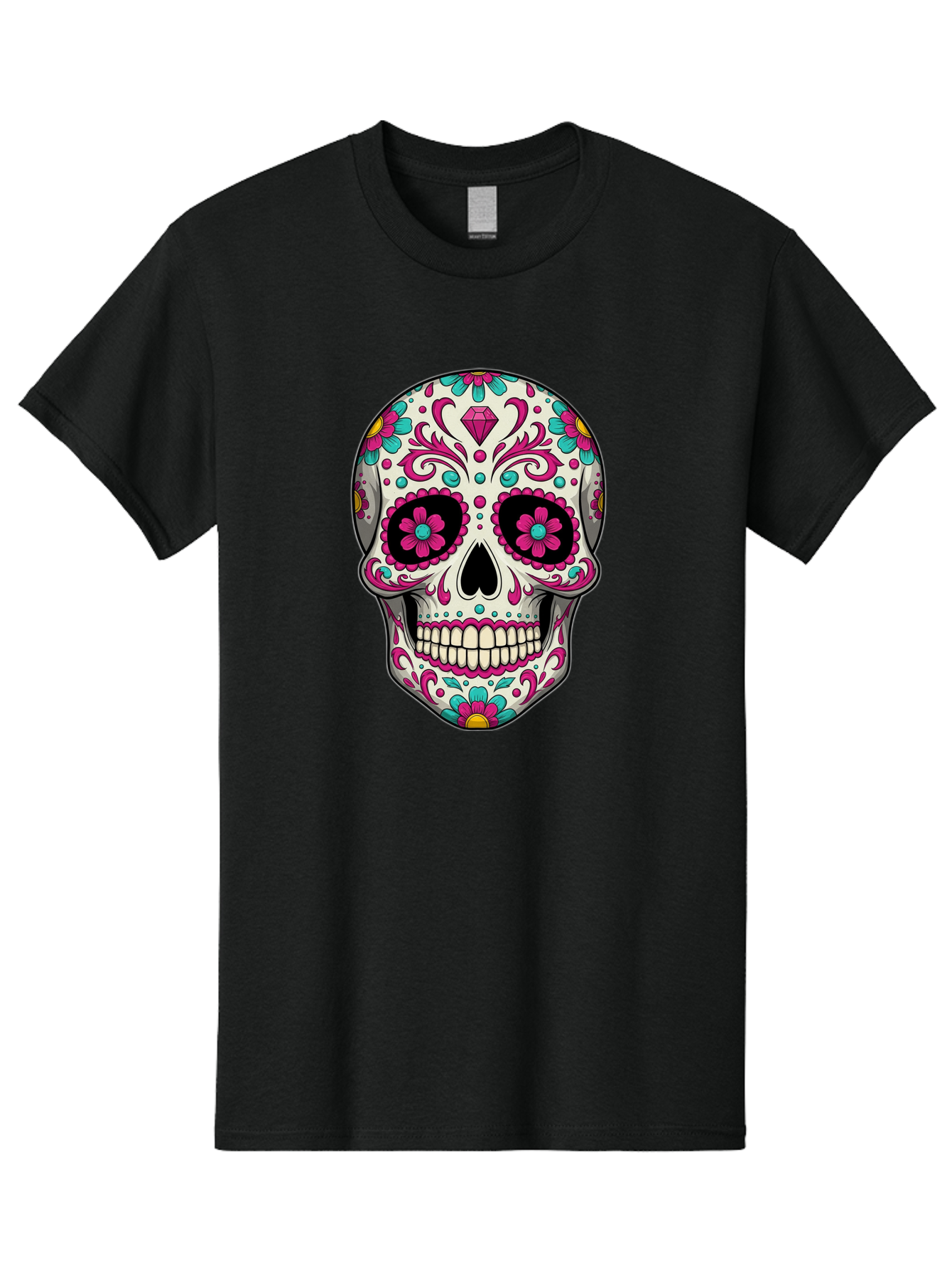 Sugar-Skull-13 Men'S Graphic Tee, 100% Cotton, Comfortable Casual Summer Wear, Machine Washable, Sugar Skull, Day Of The Dead, Colorful Skull, Floral Patterns, Vibrant Designs, Pink And Blue Flowers, Decorative Skull, Mexican Culture, Bad762