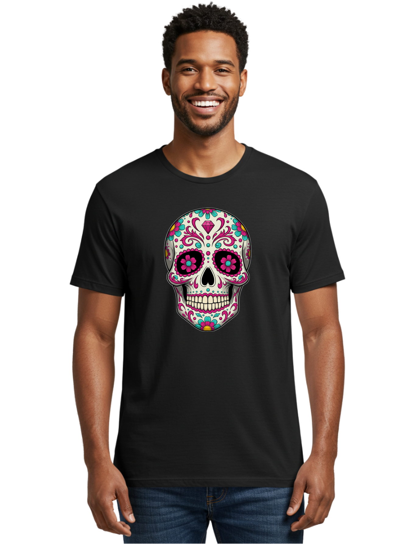 Sugar-Skull-13 Men'S Graphic Tee, 100% Cotton, Comfortable Casual Summer Wear, Machine Washable, Sugar Skull, Day Of The Dead, Colorful Skull, Floral Patterns, Vibrant Designs, Pink And Blue Flowers, Decorative Skull, Mexican Culture, Bad762