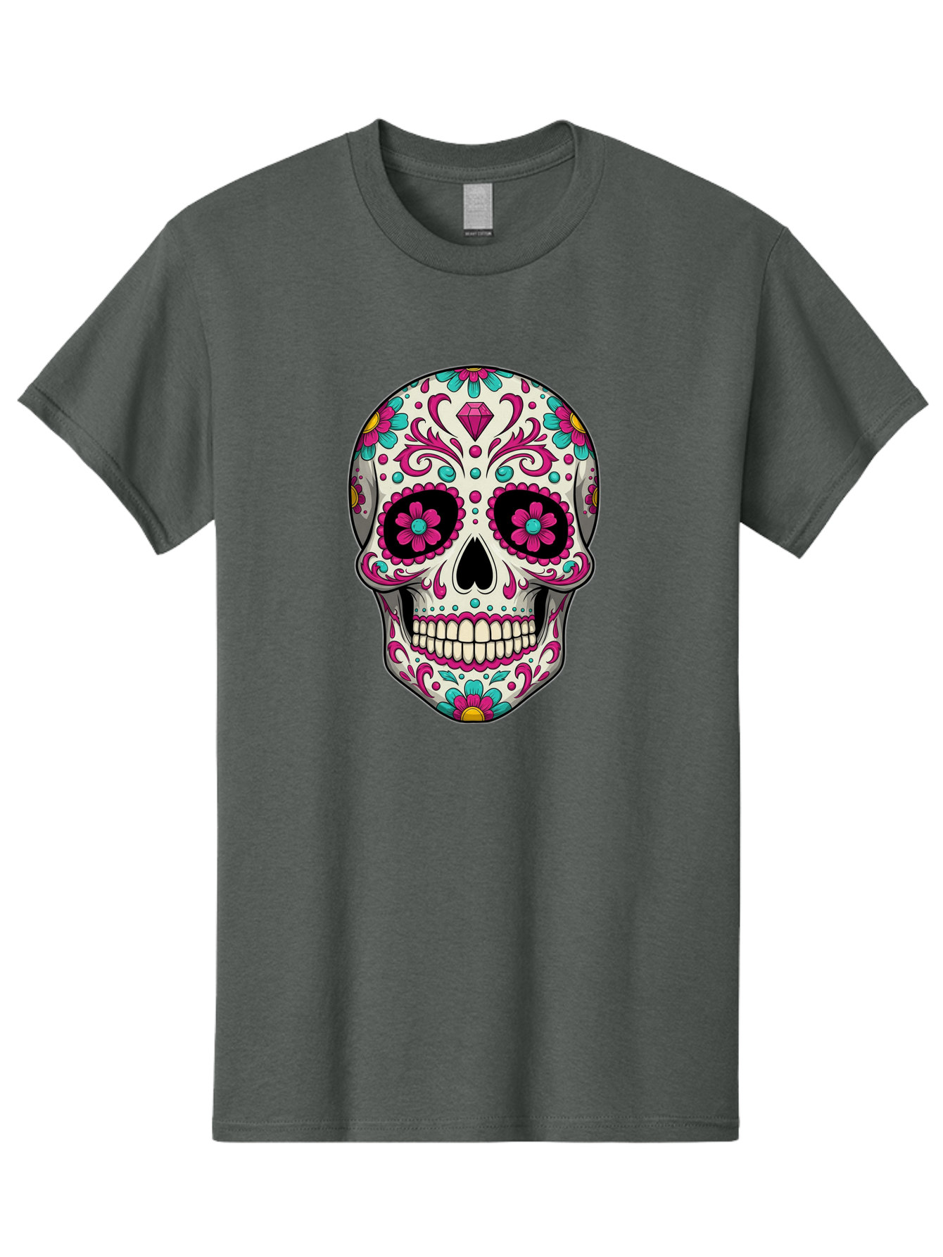 Sugar-Skull-13 Men'S Graphic Tee, 100% Cotton, Comfortable Casual Summer Wear, Machine Washable, Sugar Skull, Day Of The Dead, Colorful Skull, Floral Patterns, Vibrant Designs, Pink And Blue Flowers, Decorative Skull, Mexican Culture, Bad762
