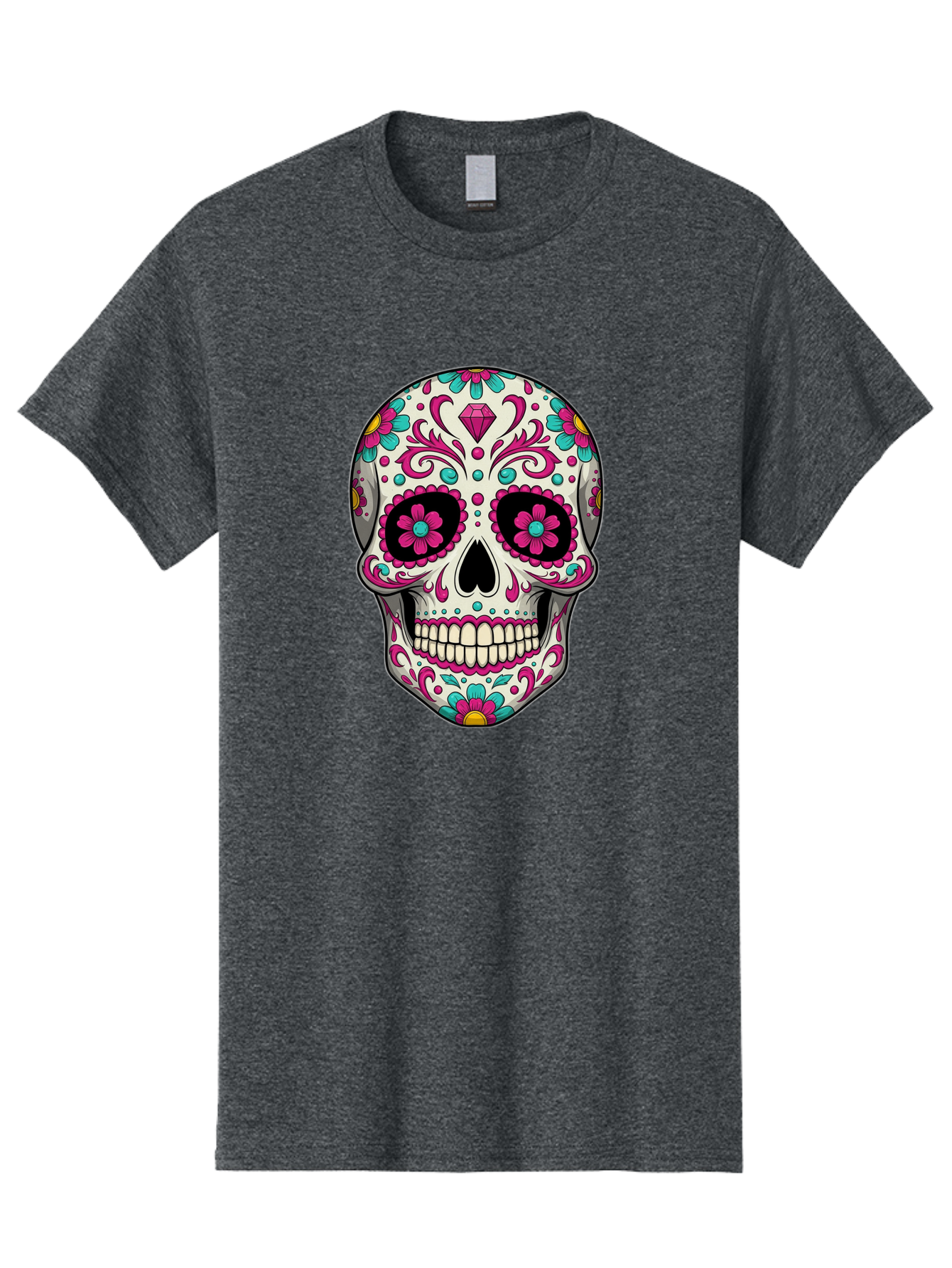 Sugar-Skull-13 Men'S Graphic Tee, 100% Cotton, Comfortable Casual Summer Wear, Machine Washable, Sugar Skull, Day Of The Dead, Colorful Skull, Floral Patterns, Vibrant Designs, Pink And Blue Flowers, Decorative Skull, Mexican Culture, Bad762