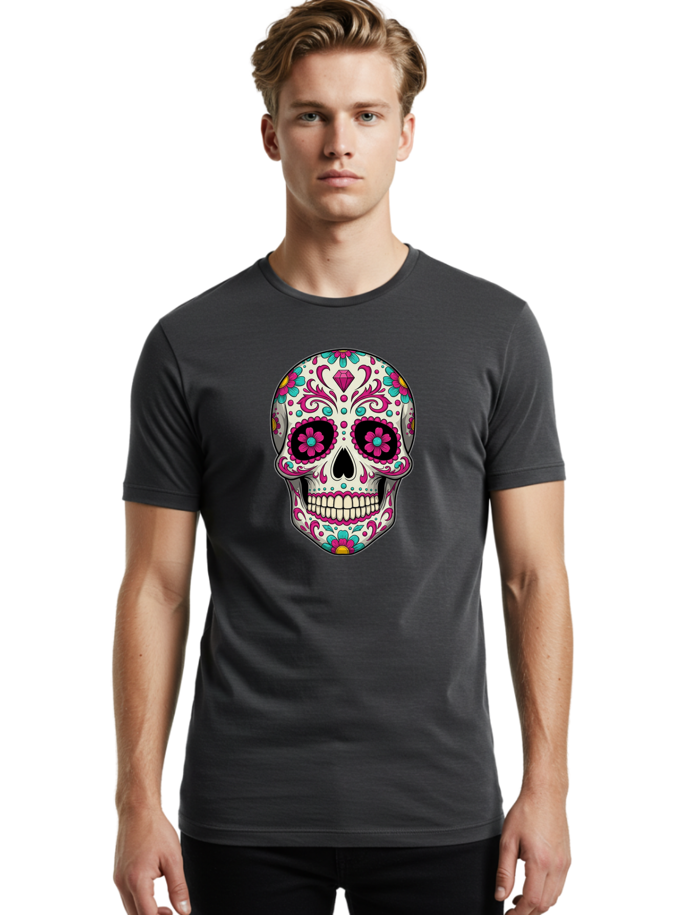 Sugar-Skull-13 Men'S Graphic Tee, 100% Cotton, Comfortable Casual Summer Wear, Machine Washable, Sugar Skull, Day Of The Dead, Colorful Skull, Floral Patterns, Vibrant Designs, Pink And Blue Flowers, Decorative Skull, Mexican Culture, Bad762
