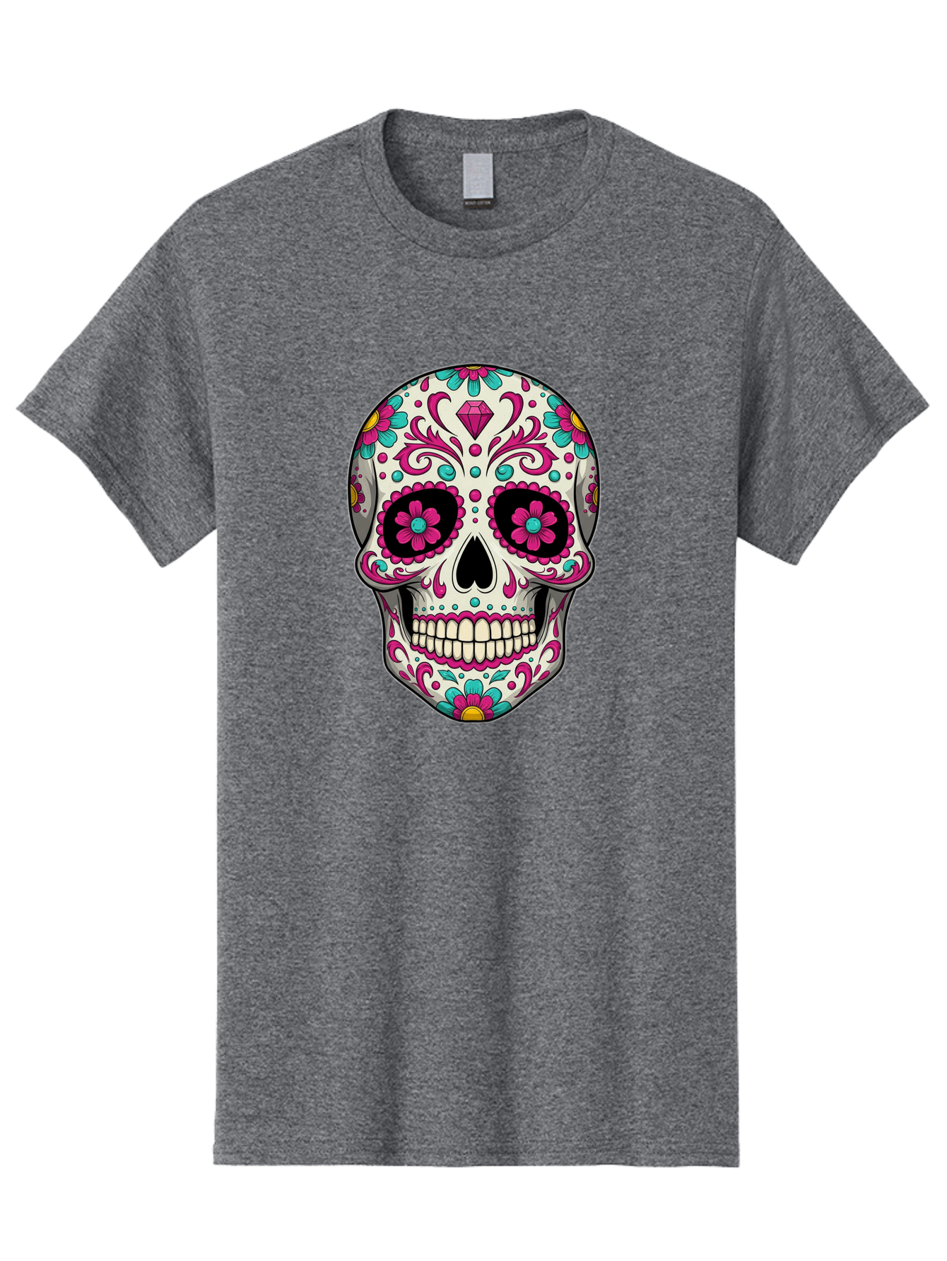 Sugar-Skull-13 Men'S Graphic Tee, 100% Cotton, Comfortable Casual Summer Wear, Machine Washable, Sugar Skull, Day Of The Dead, Colorful Skull, Floral Patterns, Vibrant Designs, Pink And Blue Flowers, Decorative Skull, Mexican Culture, Bad762