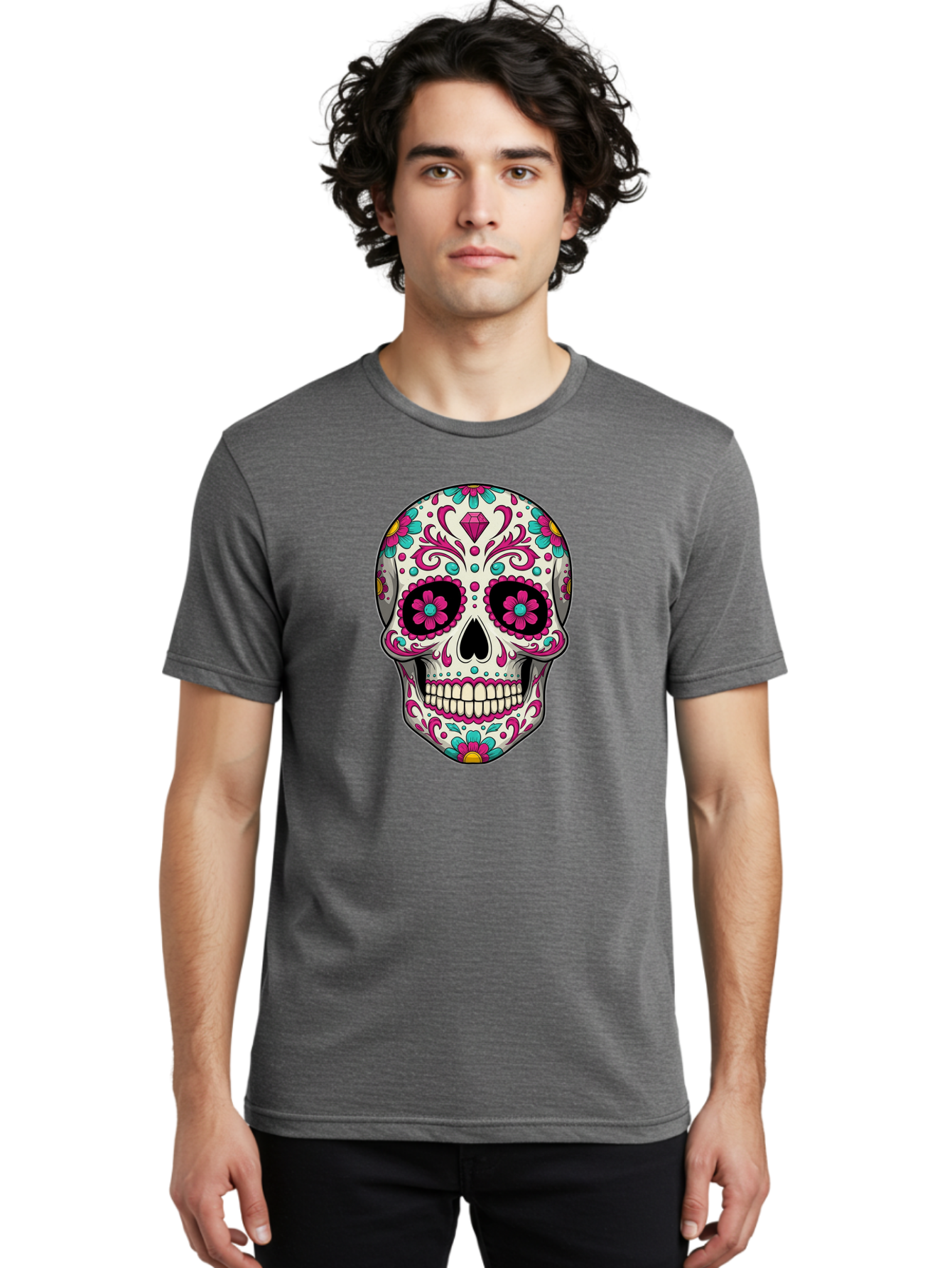 Sugar-Skull-13 Men'S Graphic Tee, 100% Cotton, Comfortable Casual Summer Wear, Machine Washable, Sugar Skull, Day Of The Dead, Colorful Skull, Floral Patterns, Vibrant Designs, Pink And Blue Flowers, Decorative Skull, Mexican Culture, Bad762