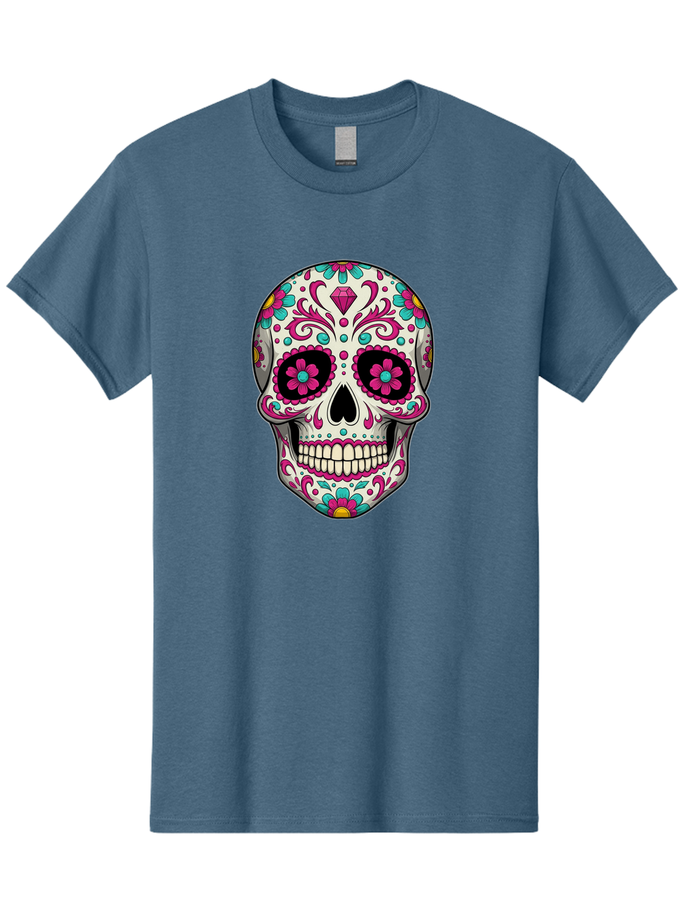 Sugar-Skull-13 Men'S Graphic Tee, 100% Cotton, Comfortable Casual Summer Wear, Machine Washable, Sugar Skull, Day Of The Dead, Colorful Skull, Floral Patterns, Vibrant Designs, Pink And Blue Flowers, Decorative Skull, Mexican Culture, Bad762