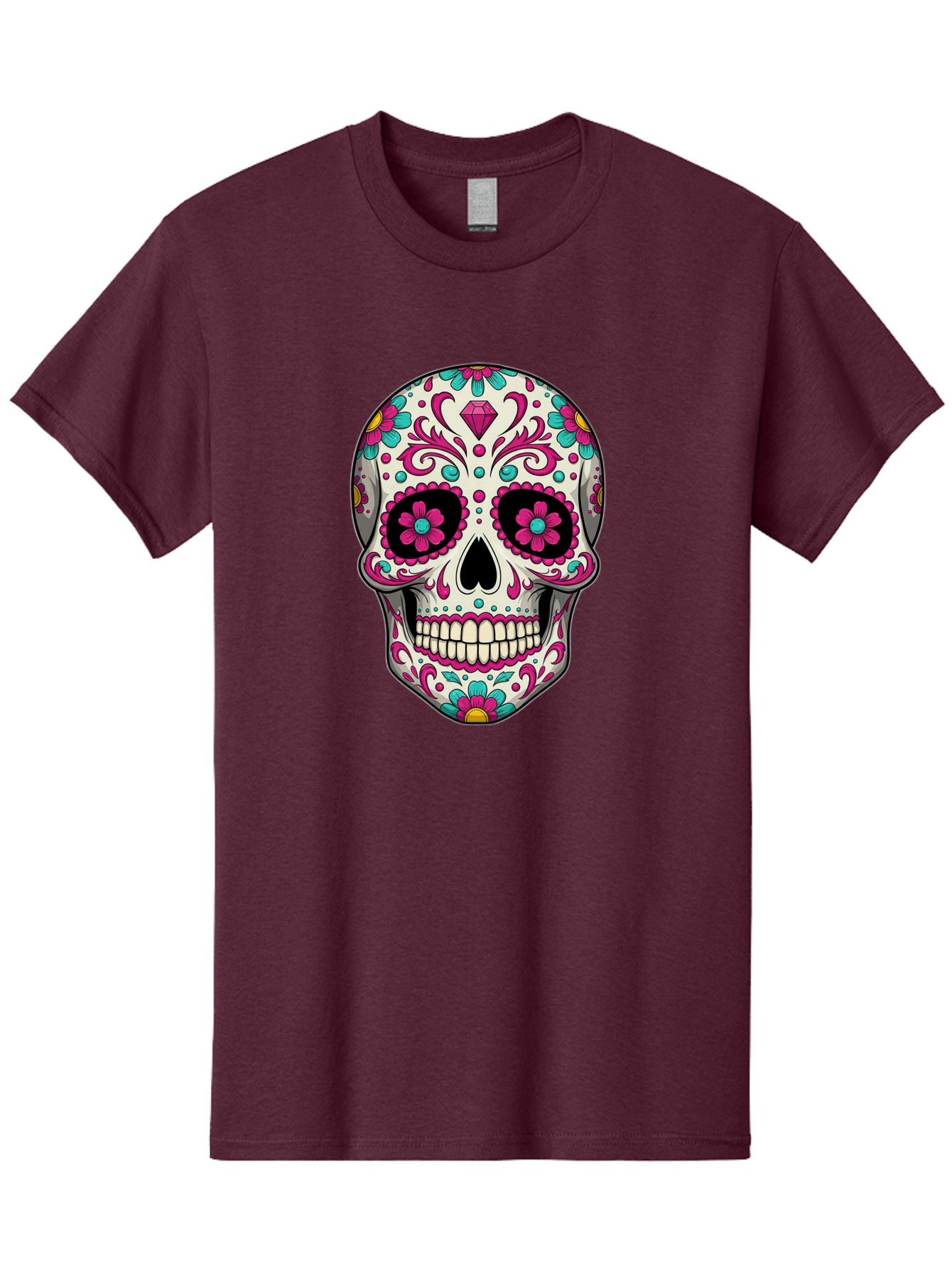 Sugar-Skull-13 Men'S Graphic Tee, 100% Cotton, Comfortable Casual Summer Wear, Machine Washable, Sugar Skull, Day Of The Dead, Colorful Skull, Floral Patterns, Vibrant Designs, Pink And Blue Flowers, Decorative Skull, Mexican Culture, Bad762