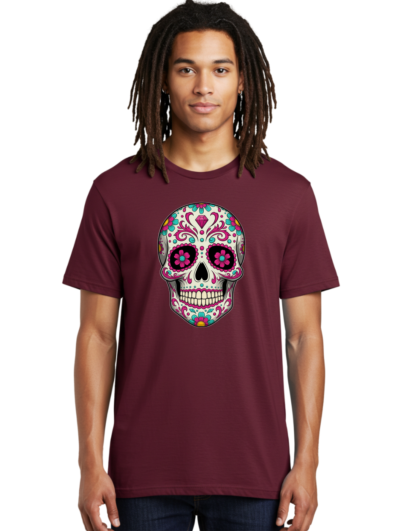 Sugar-Skull-13 Men'S Graphic Tee, 100% Cotton, Comfortable Casual Summer Wear, Machine Washable, Sugar Skull, Day Of The Dead, Colorful Skull, Floral Patterns, Vibrant Designs, Pink And Blue Flowers, Decorative Skull, Mexican Culture, Bad762