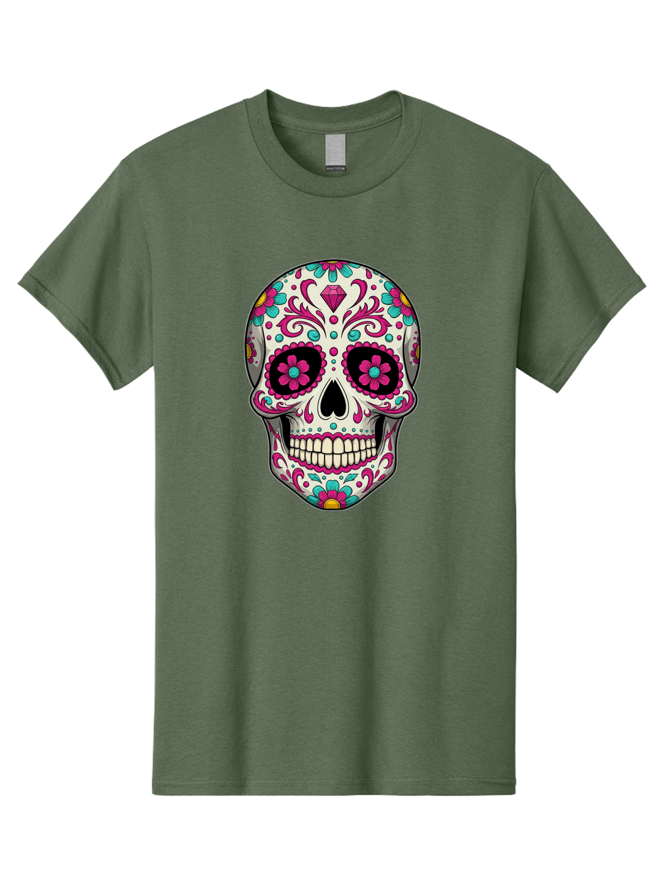 Sugar-Skull-13 Men'S Graphic Tee, 100% Cotton, Comfortable Casual Summer Wear, Machine Washable, Sugar Skull, Day Of The Dead, Colorful Skull, Floral Patterns, Vibrant Designs, Pink And Blue Flowers, Decorative Skull, Mexican Culture, Bad762