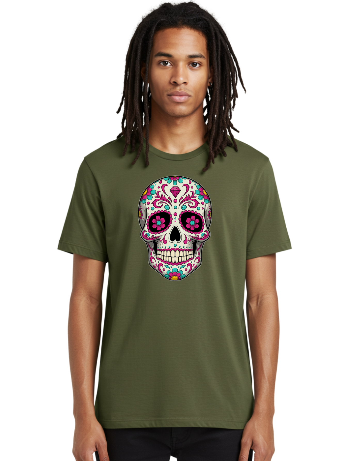 Sugar-Skull-13 Men'S Graphic Tee, 100% Cotton, Comfortable Casual Summer Wear, Machine Washable, Sugar Skull, Day Of The Dead, Colorful Skull, Floral Patterns, Vibrant Designs, Pink And Blue Flowers, Decorative Skull, Mexican Culture, Bad762