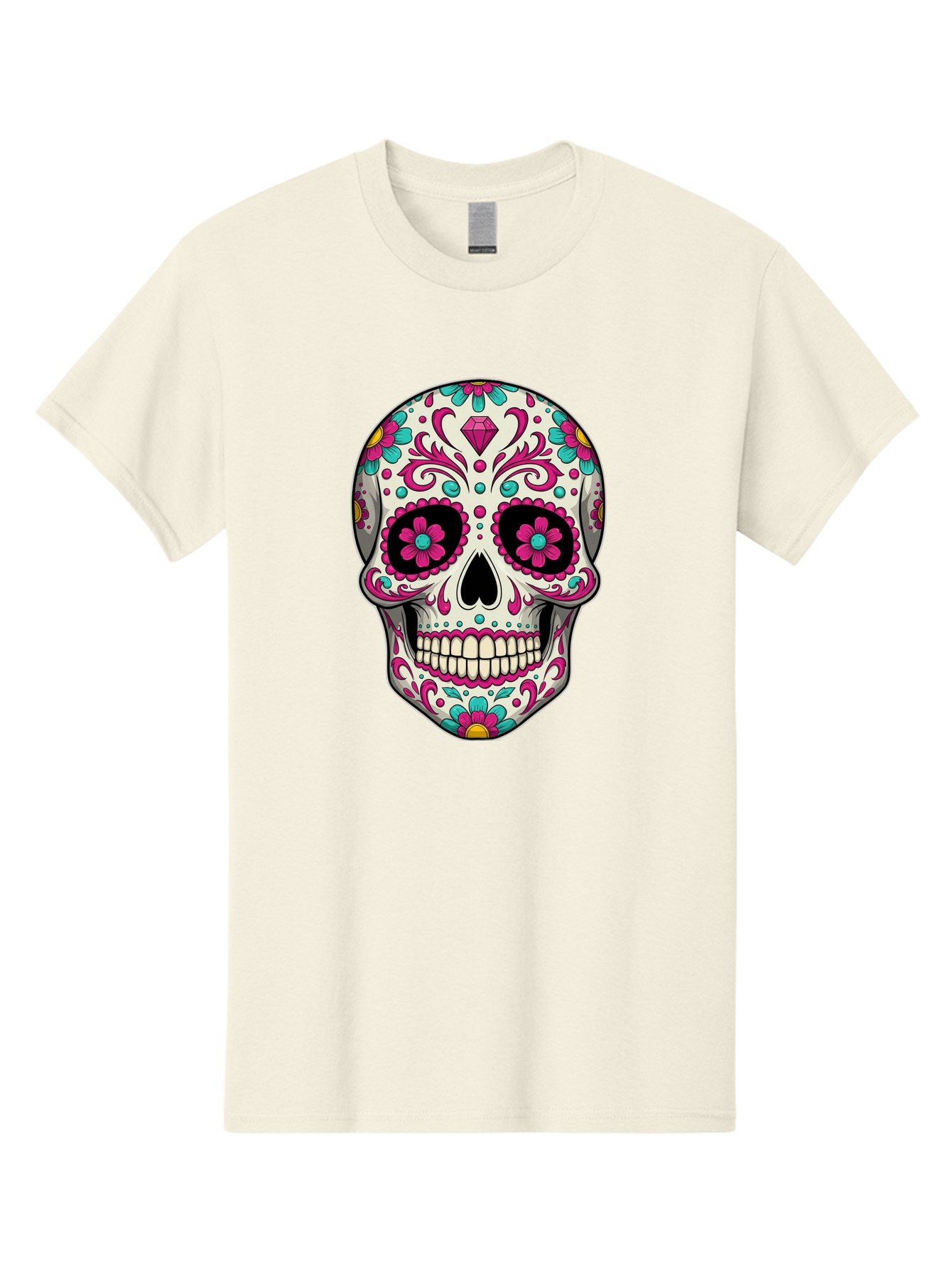 Sugar-Skull-13 Men'S Graphic Tee, 100% Cotton, Comfortable Casual Summer Wear, Machine Washable, Sugar Skull, Day Of The Dead, Colorful Skull, Floral Patterns, Vibrant Designs, Pink And Blue Flowers, Decorative Skull, Mexican Culture, Bad762