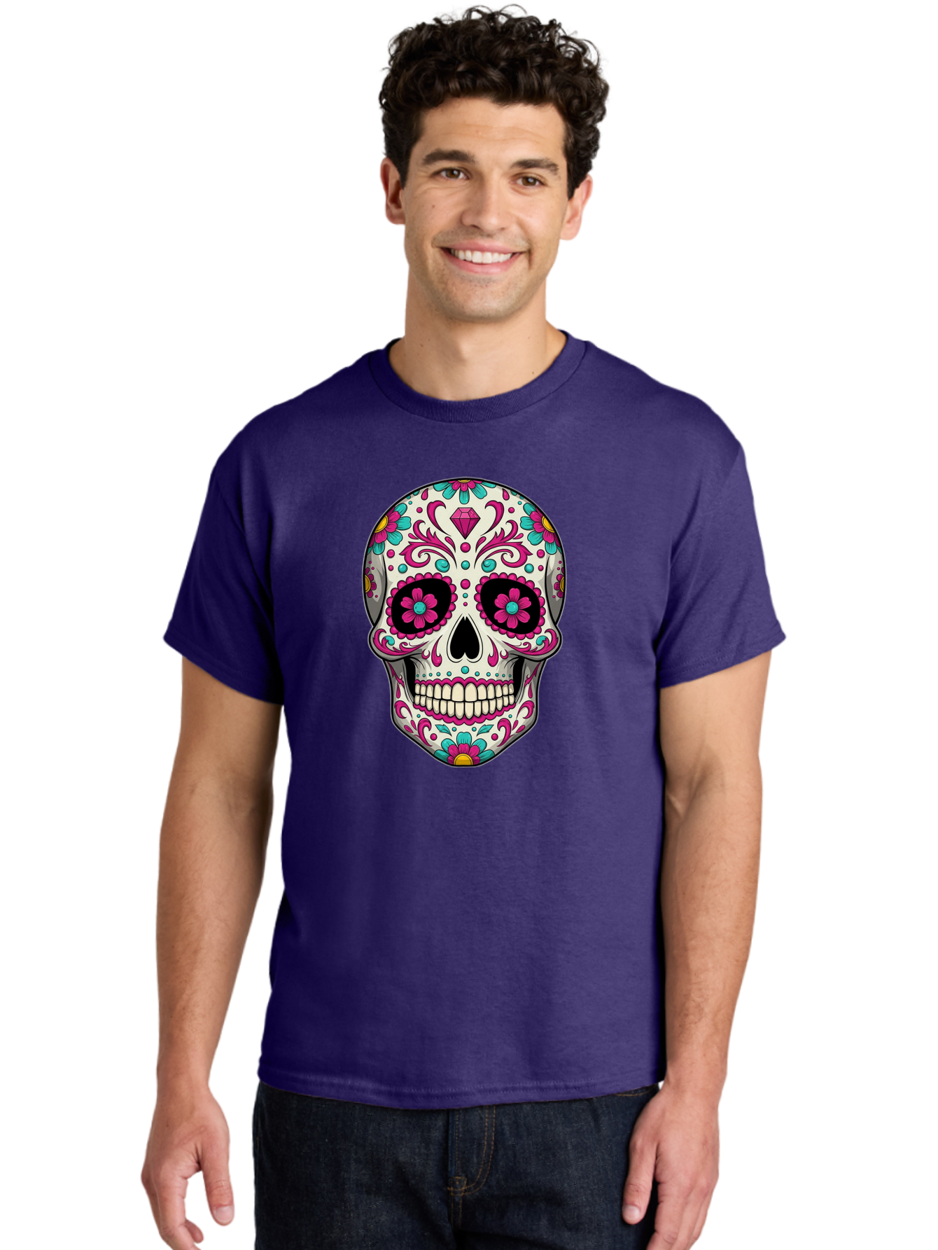 Sugar-Skull-13 Men'S Graphic Tee, 100% Cotton, Comfortable Casual Summer Wear, Machine Washable, Sugar Skull, Day Of The Dead, Colorful Skull, Floral Patterns, Vibrant Designs, Pink And Blue Flowers, Decorative Skull, Mexican Culture, Bad762