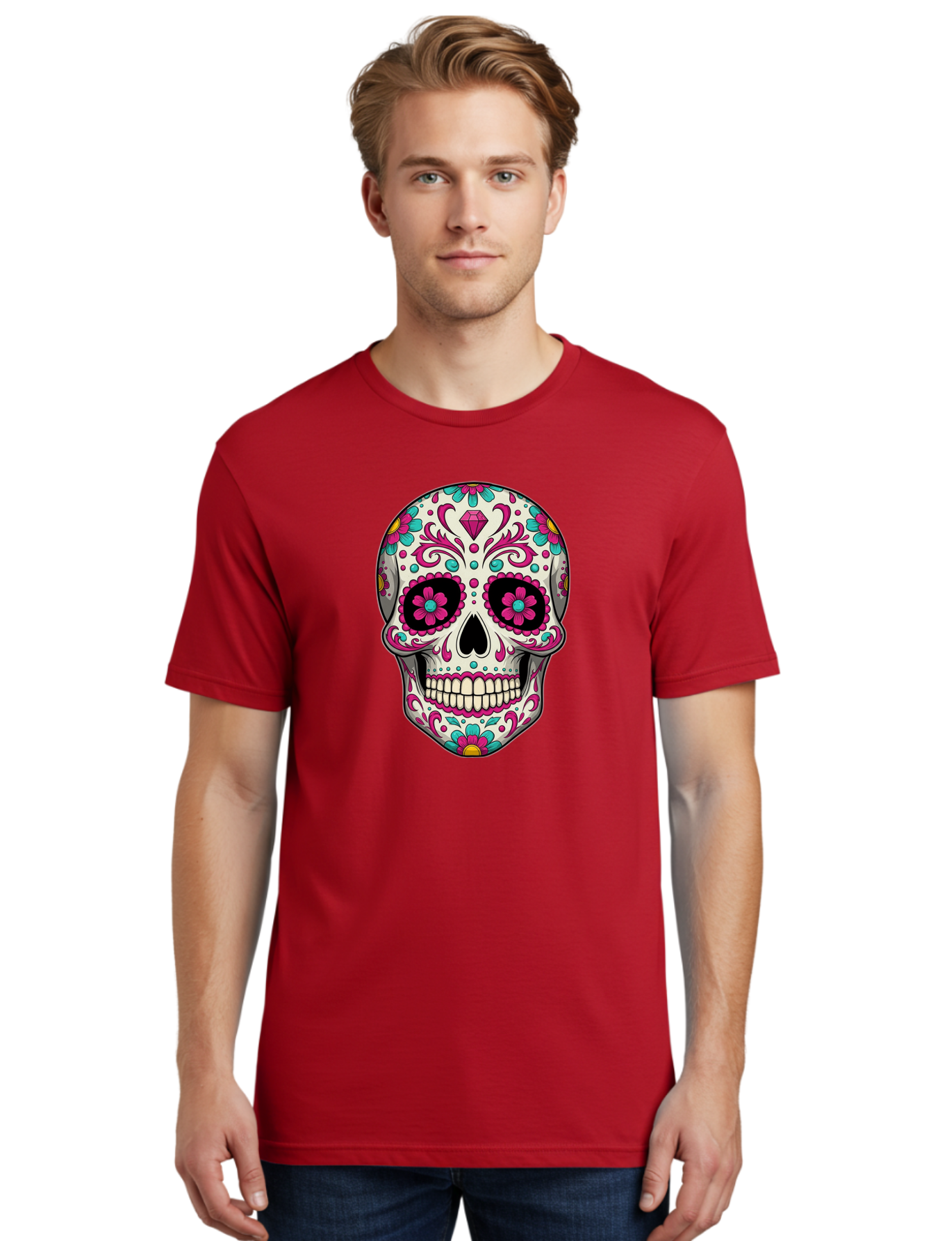 Sugar-Skull-13 Men'S Graphic Tee, 100% Cotton, Comfortable Casual Summer Wear, Machine Washable, Sugar Skull, Day Of The Dead, Colorful Skull, Floral Patterns, Vibrant Designs, Pink And Blue Flowers, Decorative Skull, Mexican Culture, Bad762
