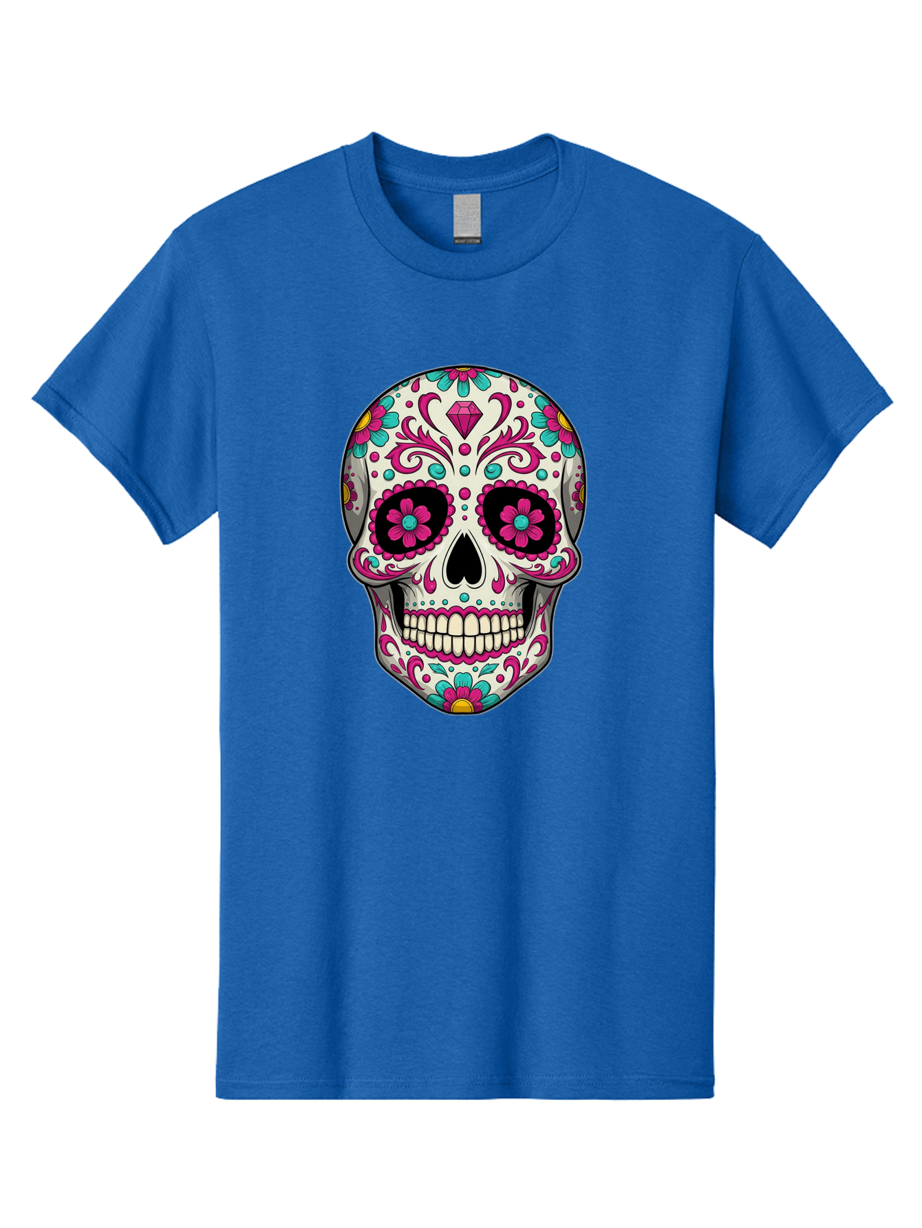 Sugar-Skull-13 Men'S Graphic Tee, 100% Cotton, Comfortable Casual Summer Wear, Machine Washable, Sugar Skull, Day Of The Dead, Colorful Skull, Floral Patterns, Vibrant Designs, Pink And Blue Flowers, Decorative Skull, Mexican Culture, Bad762