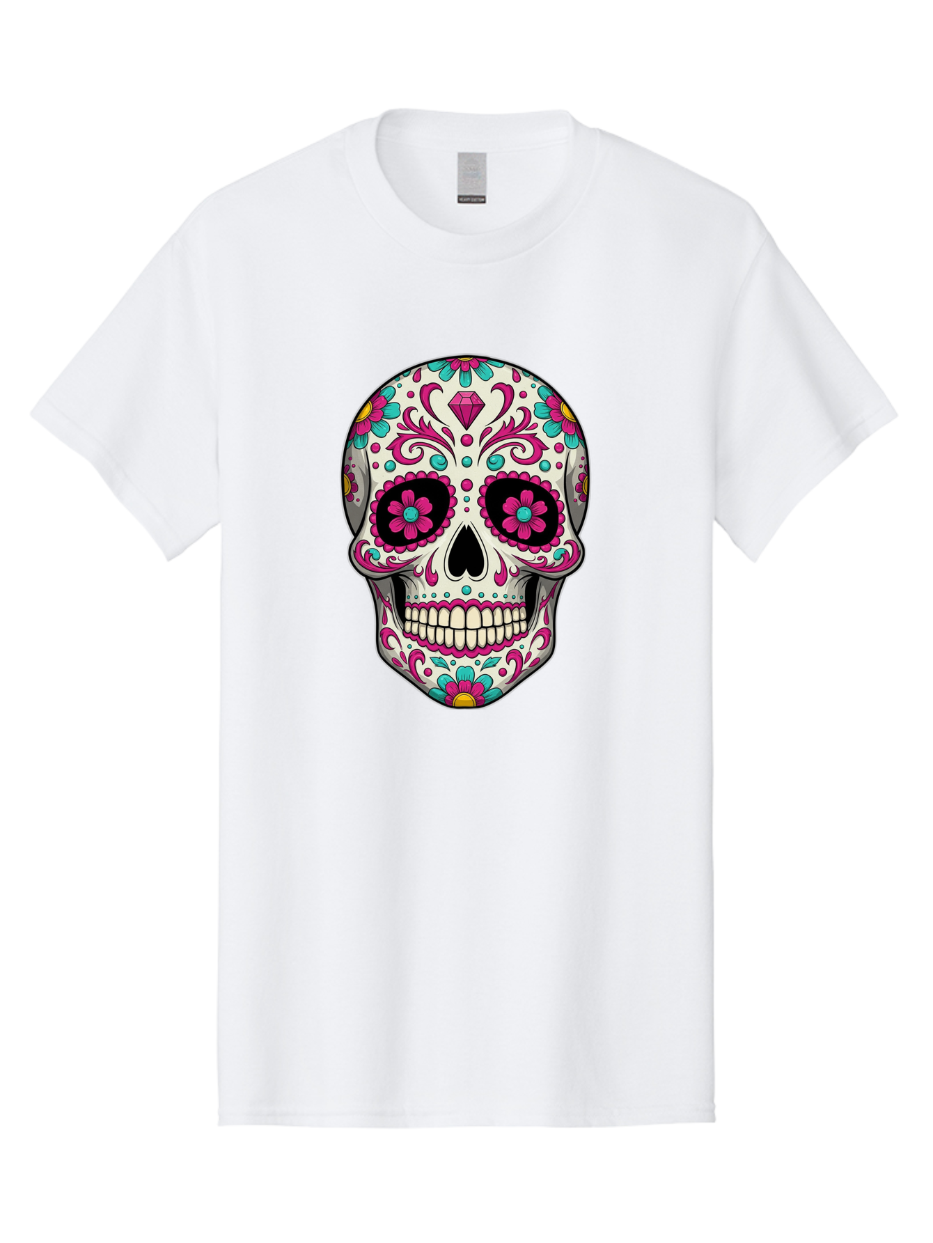 Sugar-Skull-13 Men'S Graphic Tee, 100% Cotton, Comfortable Casual Summer Wear, Machine Washable, Sugar Skull, Day Of The Dead, Colorful Skull, Floral Patterns, Vibrant Designs, Pink And Blue Flowers, Decorative Skull, Mexican Culture, Bad762