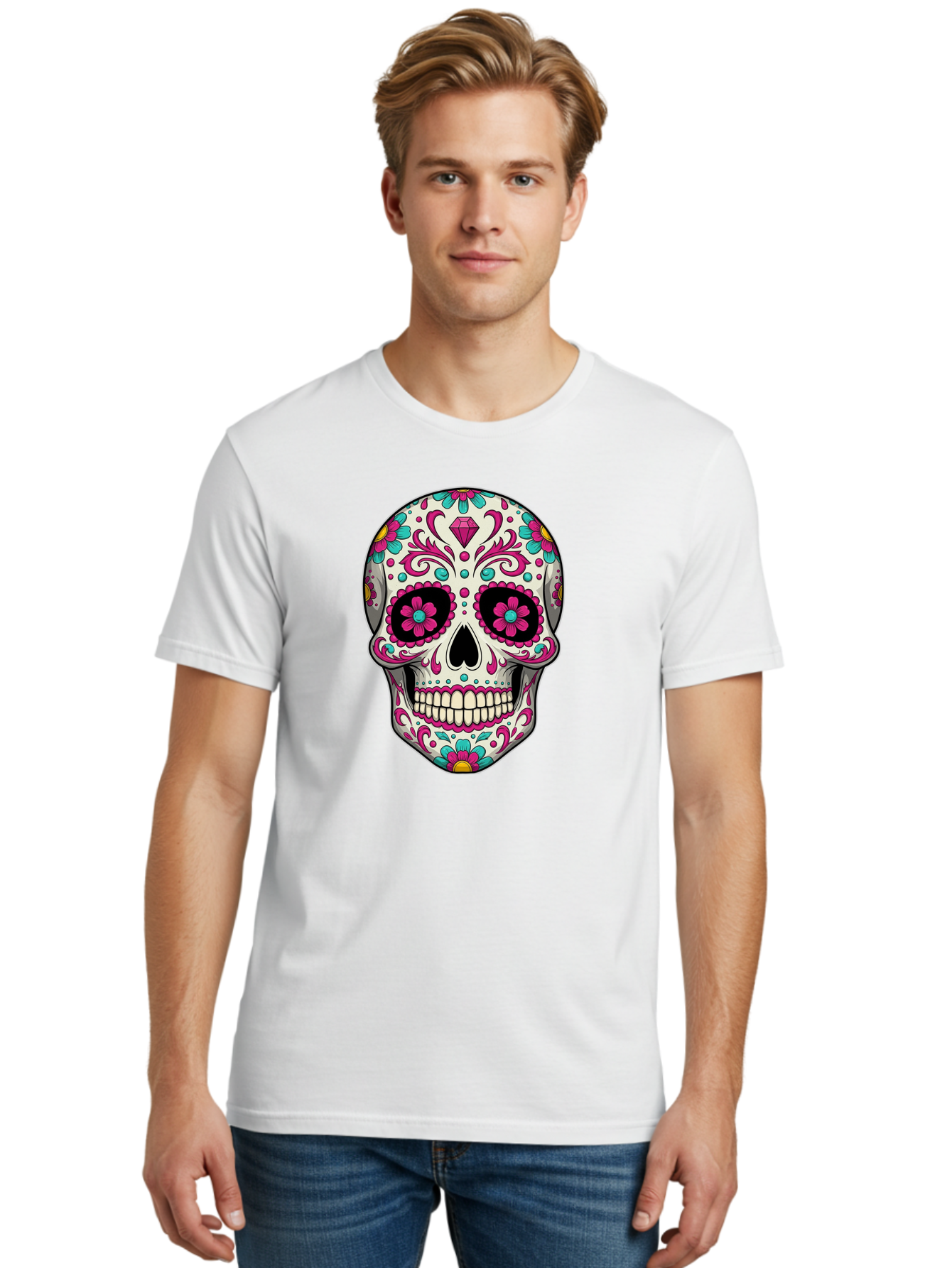 Sugar-Skull-13 Men'S Graphic Tee, 100% Cotton, Comfortable Casual Summer Wear, Machine Washable, Sugar Skull, Day Of The Dead, Colorful Skull, Floral Patterns, Vibrant Designs, Pink And Blue Flowers, Decorative Skull, Mexican Culture, Bad762