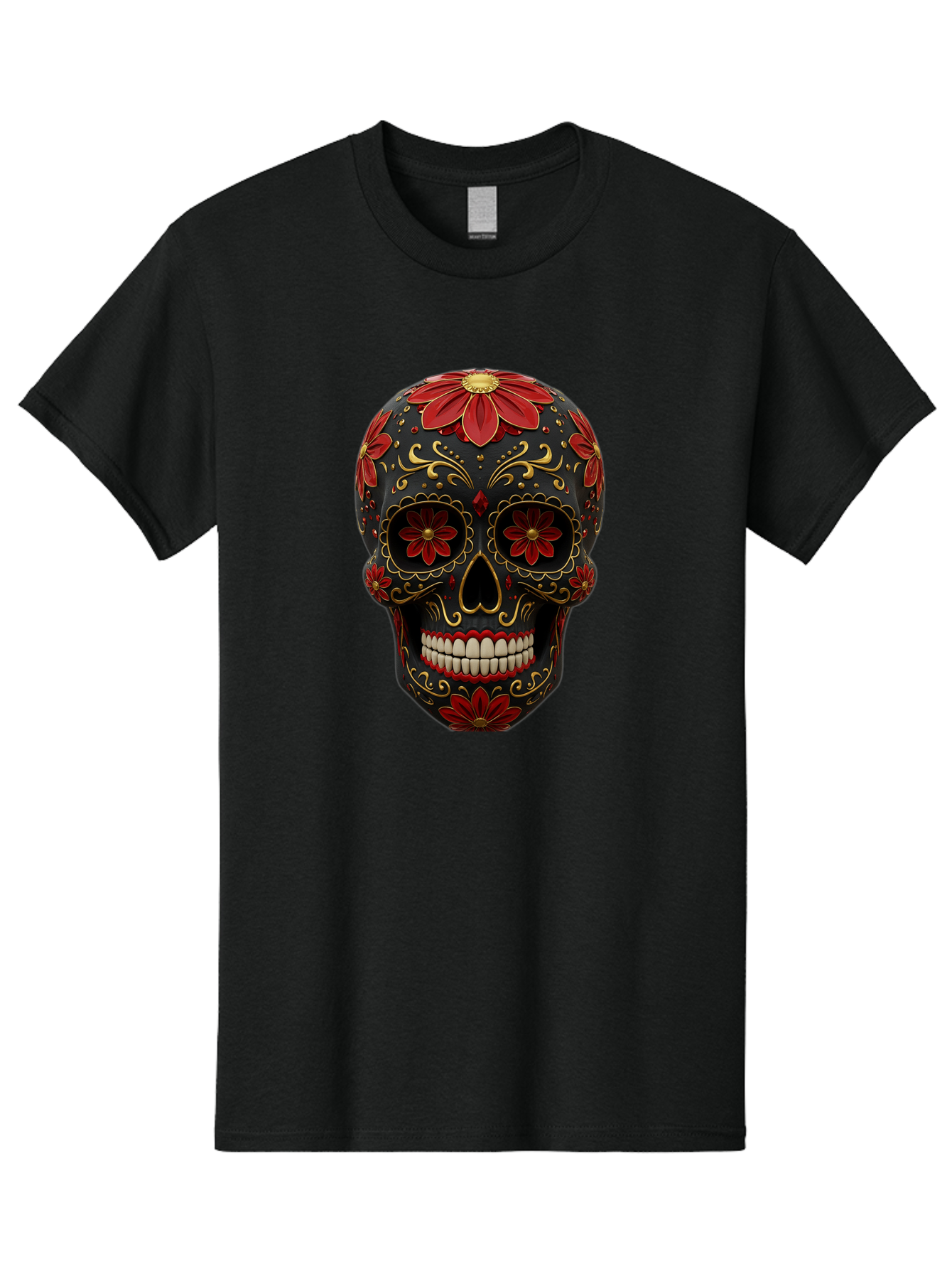 Sugar-Skull-14 Men'S Graphic Tee, 100% Cotton, Comfortable Casual Summer Wear, Machine Washable, Sugar Skull, Day Of The Dead, Floral Designs, Skull Art, Mexican Culture, Gold Filigree, Red Flowers, Black Skull, Decorative Skull, Bad763
