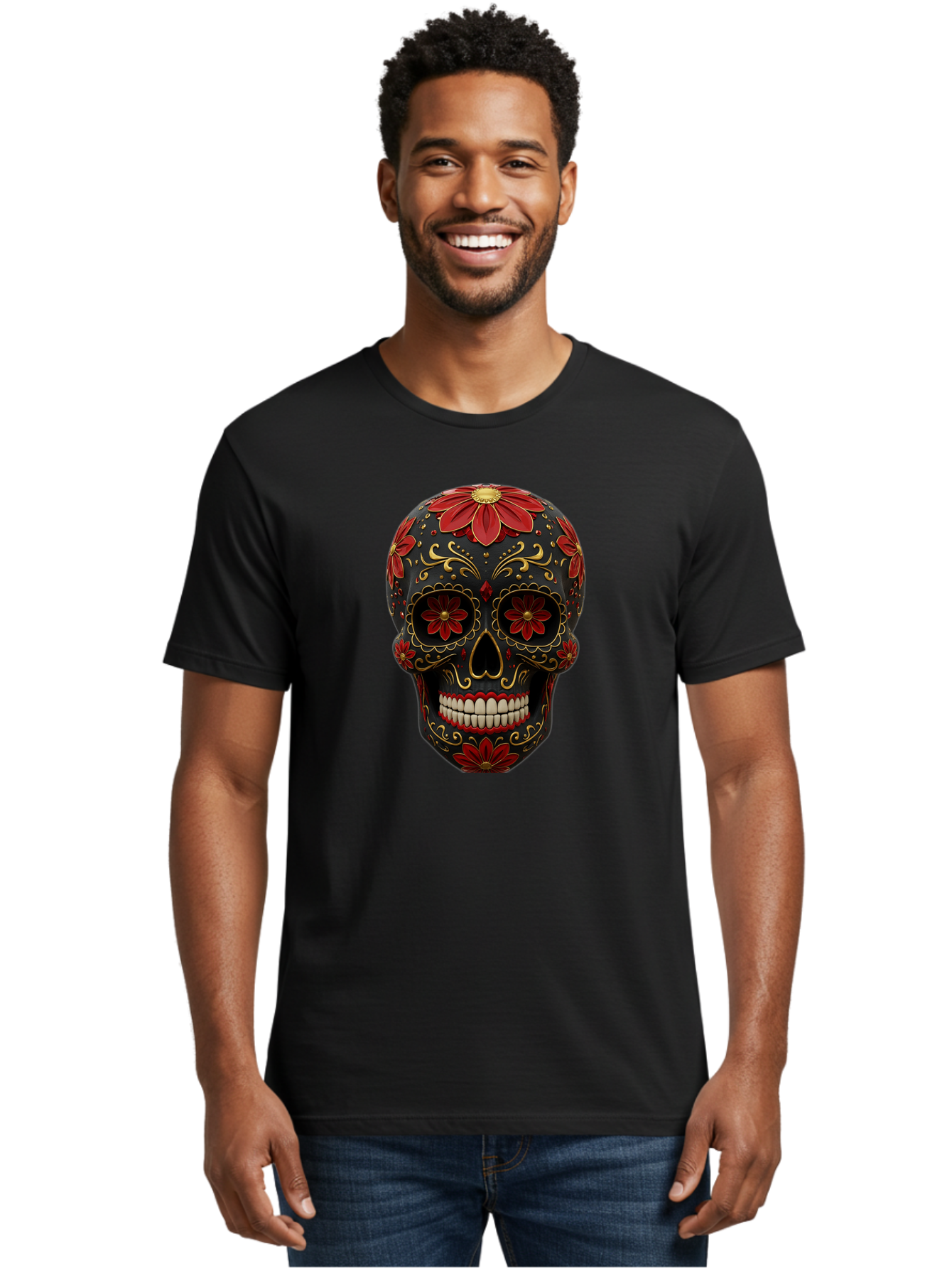 Sugar-Skull-14 Men'S Graphic Tee, 100% Cotton, Comfortable Casual Summer Wear, Machine Washable, Sugar Skull, Day Of The Dead, Floral Designs, Skull Art, Mexican Culture, Gold Filigree, Red Flowers, Black Skull, Decorative Skull, Bad763