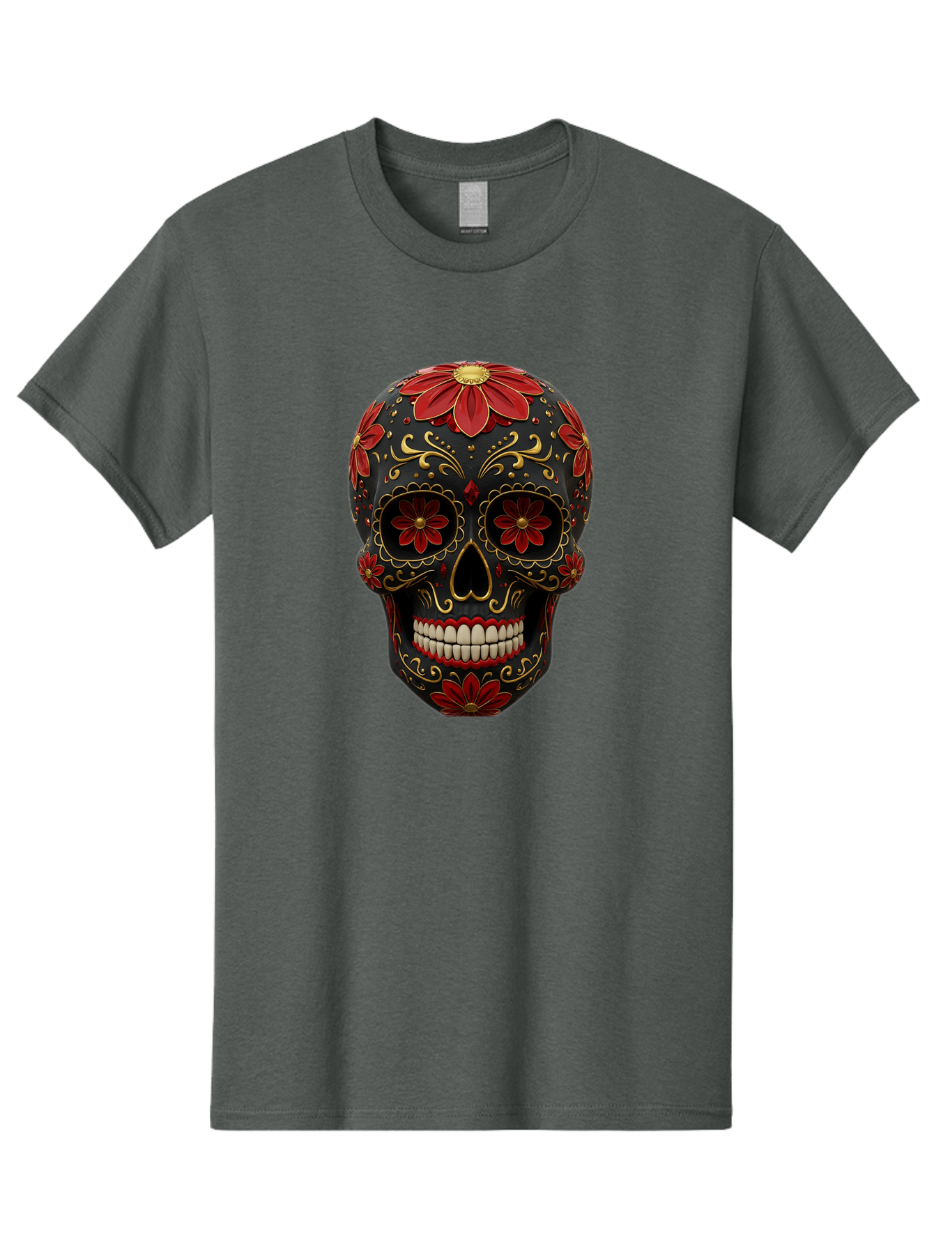 Sugar-Skull-14 Men'S Graphic Tee, 100% Cotton, Comfortable Casual Summer Wear, Machine Washable, Sugar Skull, Day Of The Dead, Floral Designs, Skull Art, Mexican Culture, Gold Filigree, Red Flowers, Black Skull, Decorative Skull, Bad763