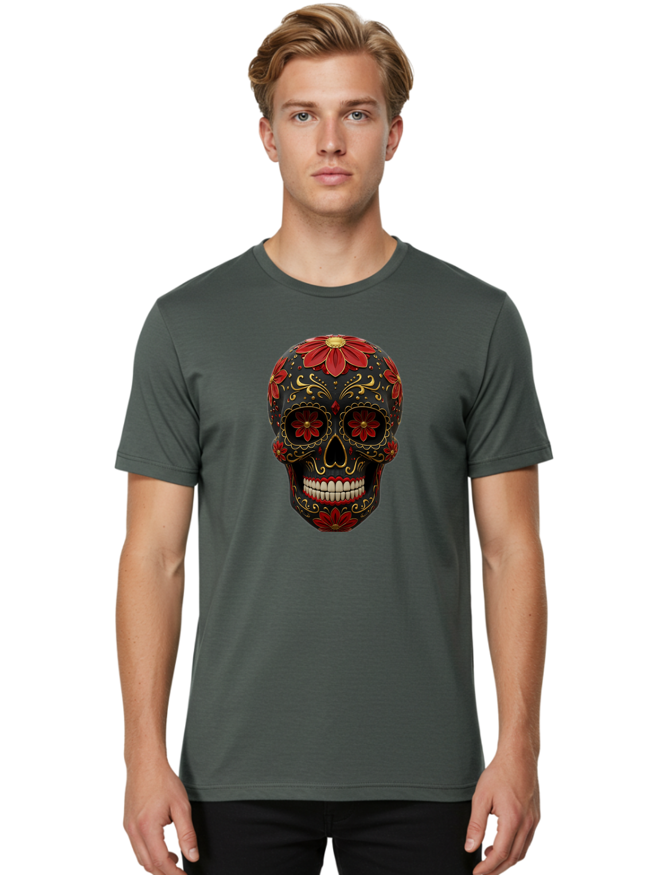 Sugar-Skull-14 Men'S Graphic Tee, 100% Cotton, Comfortable Casual Summer Wear, Machine Washable, Sugar Skull, Day Of The Dead, Floral Designs, Skull Art, Mexican Culture, Gold Filigree, Red Flowers, Black Skull, Decorative Skull, Bad763