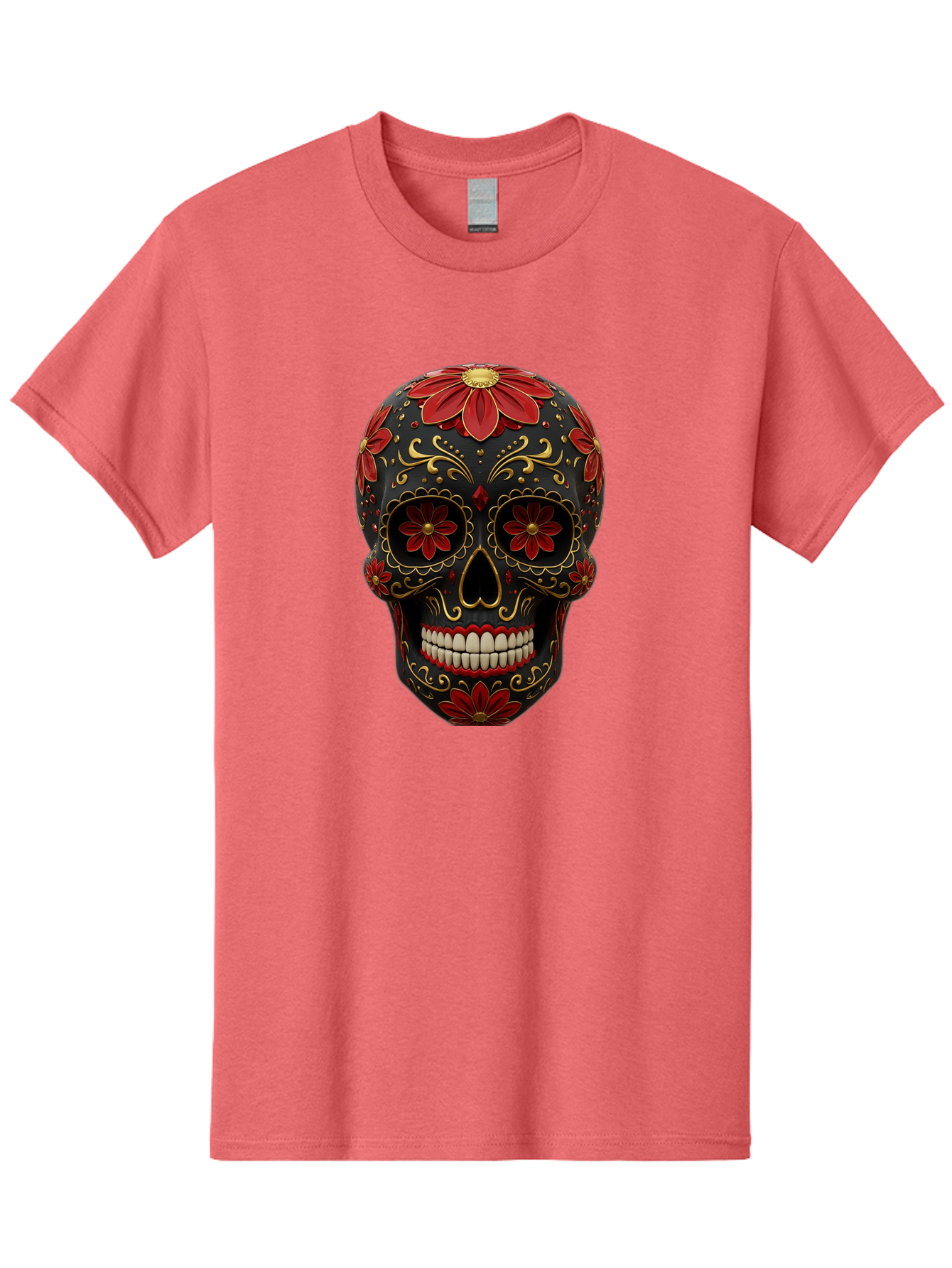 Sugar-Skull-14 Men'S Graphic Tee, 100% Cotton, Comfortable Casual Summer Wear, Machine Washable, Sugar Skull, Day Of The Dead, Floral Designs, Skull Art, Mexican Culture, Gold Filigree, Red Flowers, Black Skull, Decorative Skull, Bad763