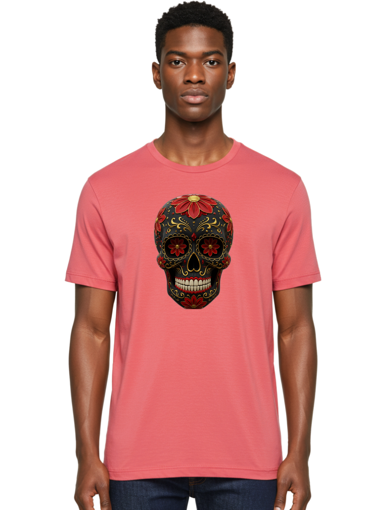 Sugar-Skull-14 Men'S Graphic Tee, 100% Cotton, Comfortable Casual Summer Wear, Machine Washable, Sugar Skull, Day Of The Dead, Floral Designs, Skull Art, Mexican Culture, Gold Filigree, Red Flowers, Black Skull, Decorative Skull, Bad763