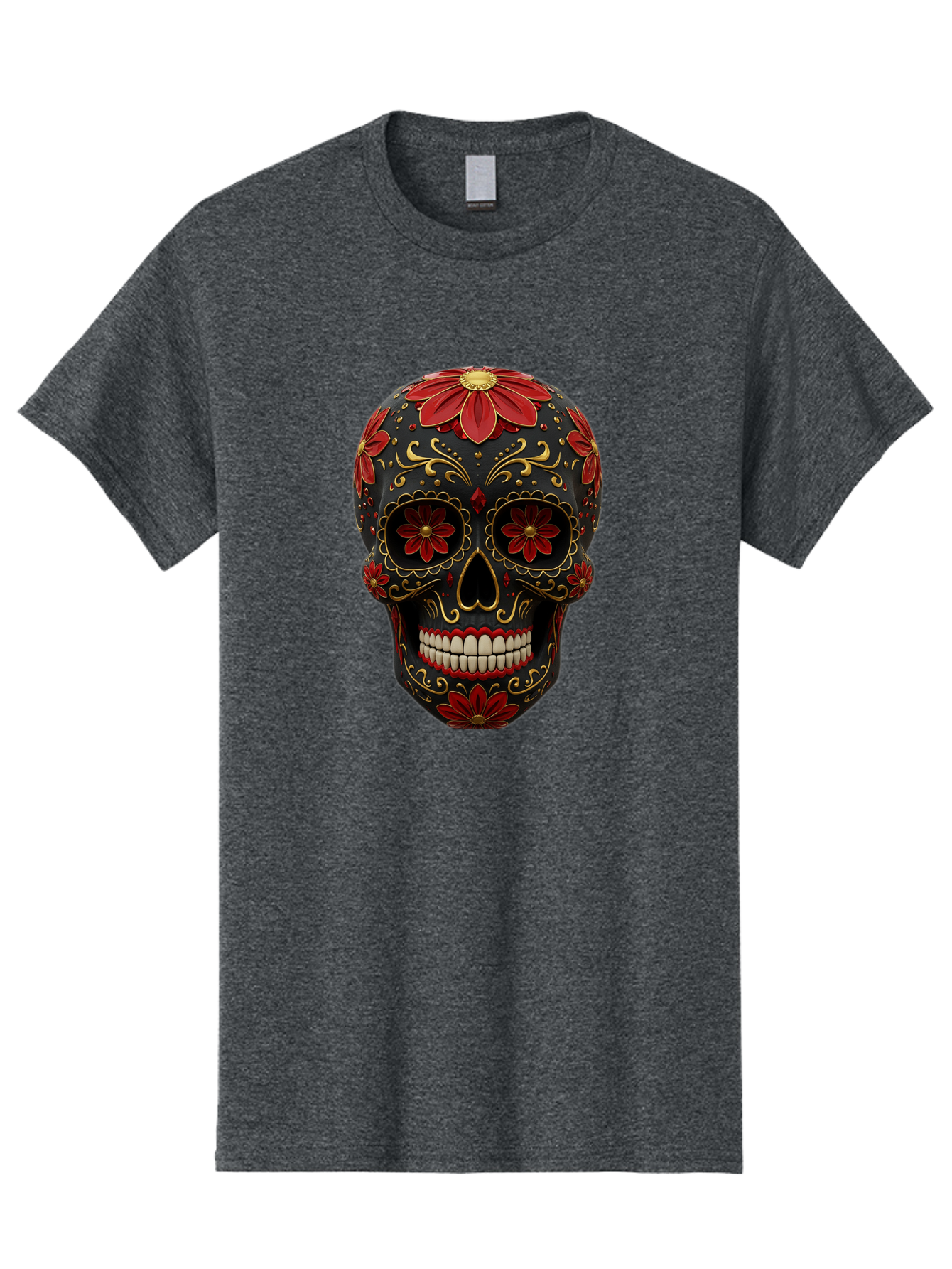 Sugar-Skull-14 Men'S Graphic Tee, 100% Cotton, Comfortable Casual Summer Wear, Machine Washable, Sugar Skull, Day Of The Dead, Floral Designs, Skull Art, Mexican Culture, Gold Filigree, Red Flowers, Black Skull, Decorative Skull, Bad763