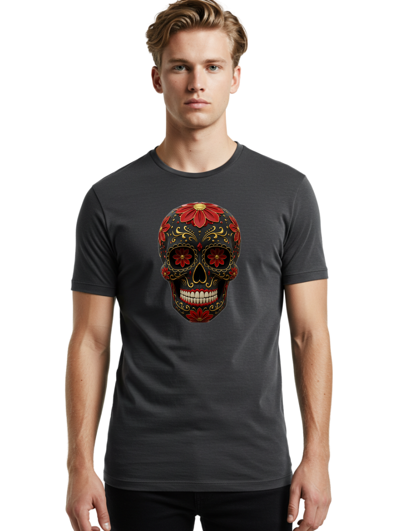 Sugar-Skull-14 Men'S Graphic Tee, 100% Cotton, Comfortable Casual Summer Wear, Machine Washable, Sugar Skull, Day Of The Dead, Floral Designs, Skull Art, Mexican Culture, Gold Filigree, Red Flowers, Black Skull, Decorative Skull, Bad763